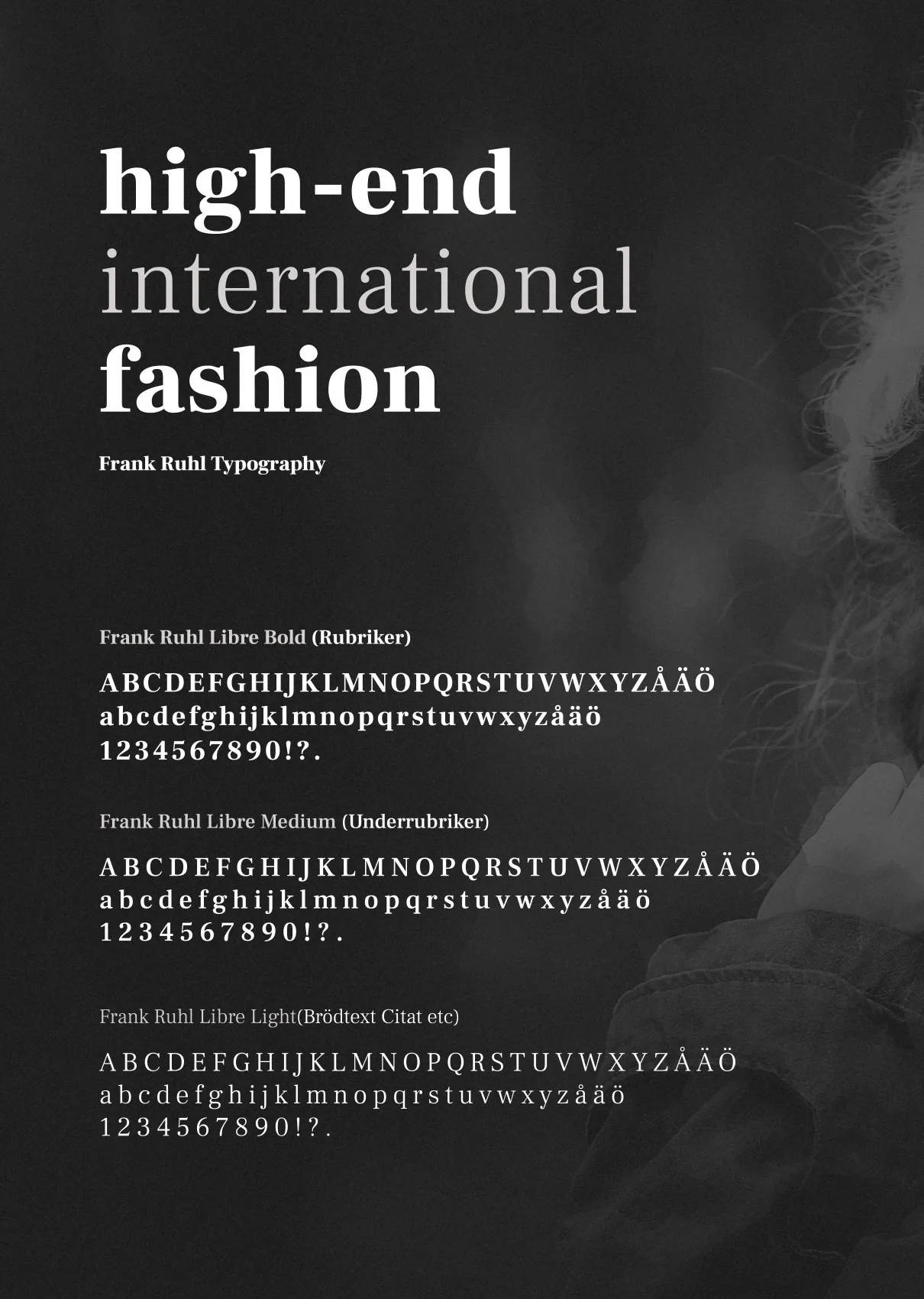 Typografiprov på mörk botten: ”high-end international fashion” och alfabet i flera snitt