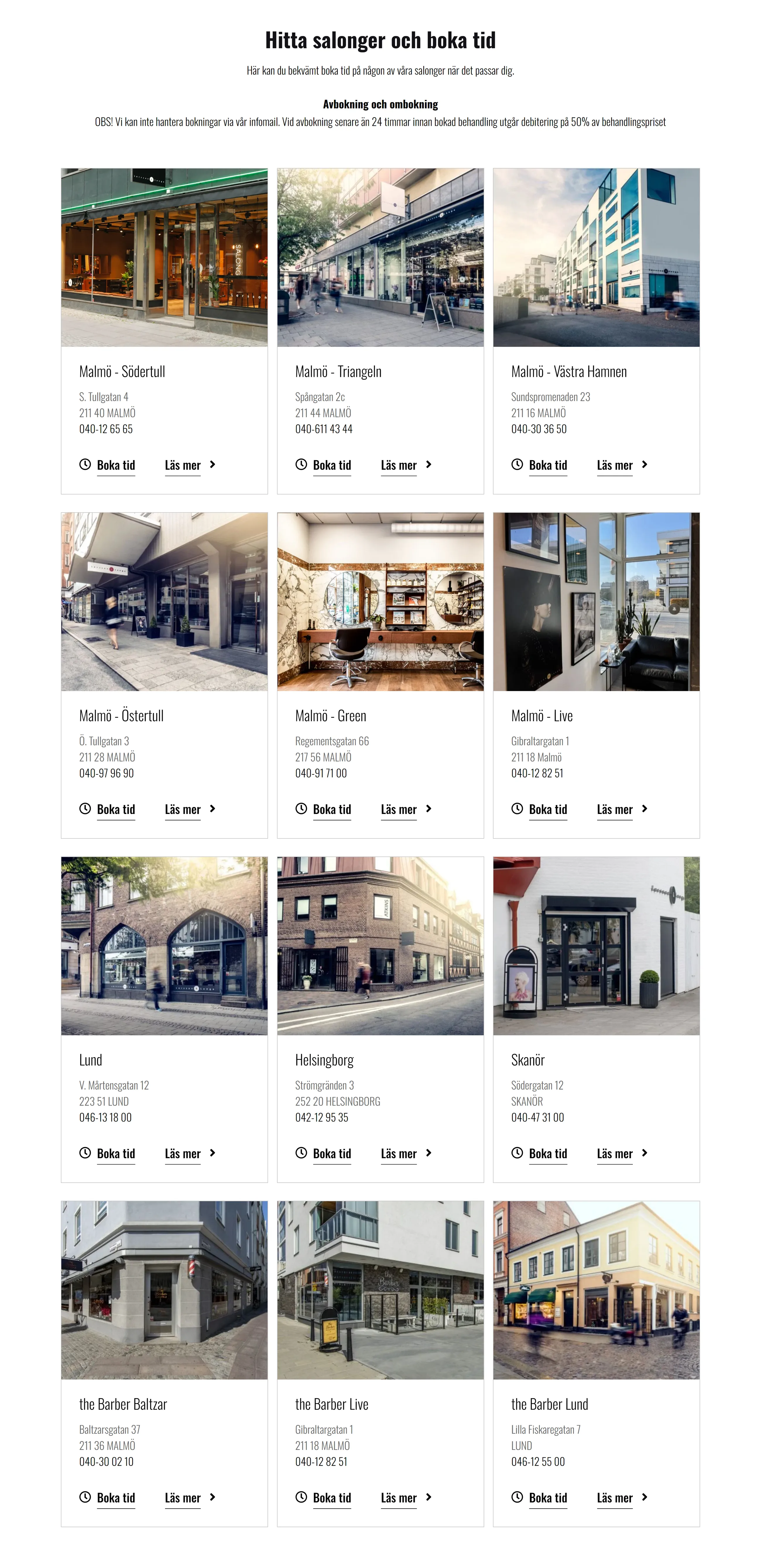 Sidan ”Hitta salonger och boka tid” med salongernas fasader, adresser och knappar för att boka