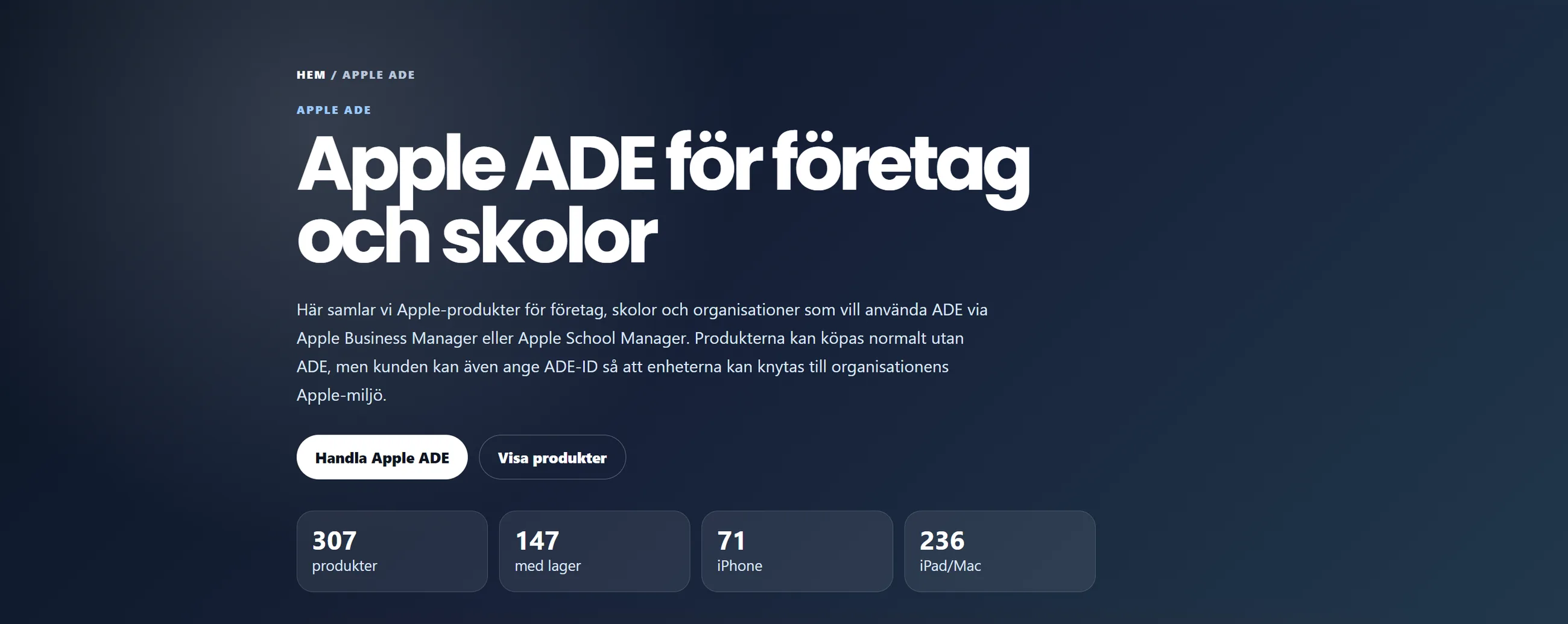Sidan ”Apple ADE för företag och skolor” på mörk bakgrund, med fyra siffror i rutor