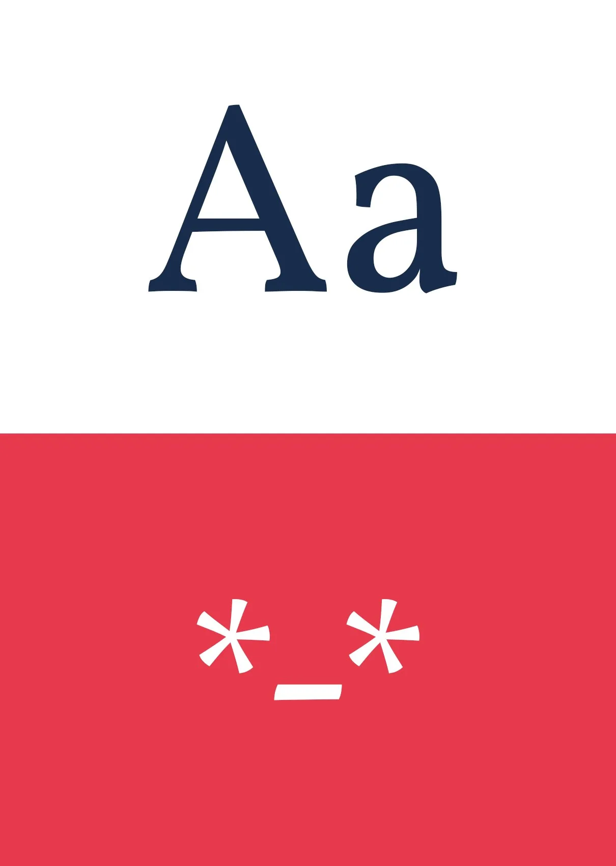 Typografiprov: bokstäverna ”Aa” i mörkblått och en röd ruta med två stjärnor och ett streck