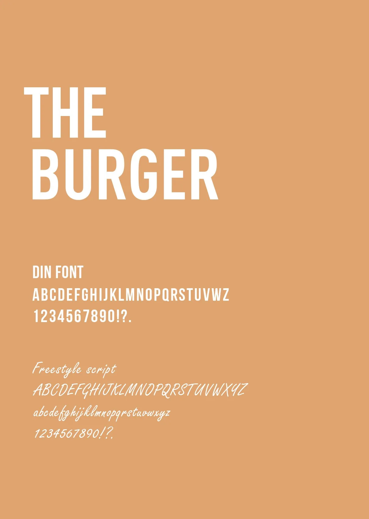 Typografiprov: texten ”The burger” i vitt på orange botten och alfabet i två snitt
