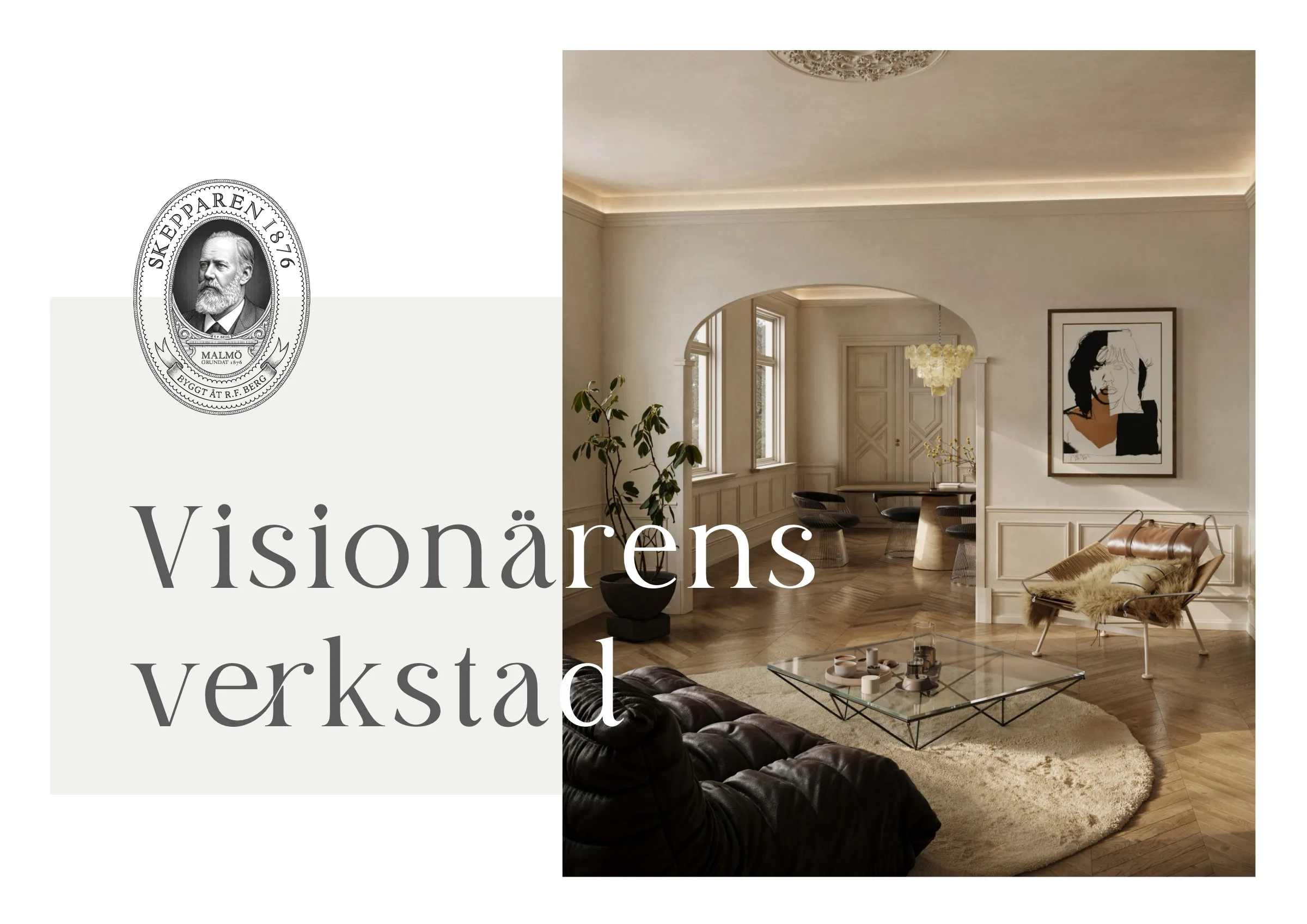 Brand book: Visionärens verkstad, ett vardagsrum med emblemet
