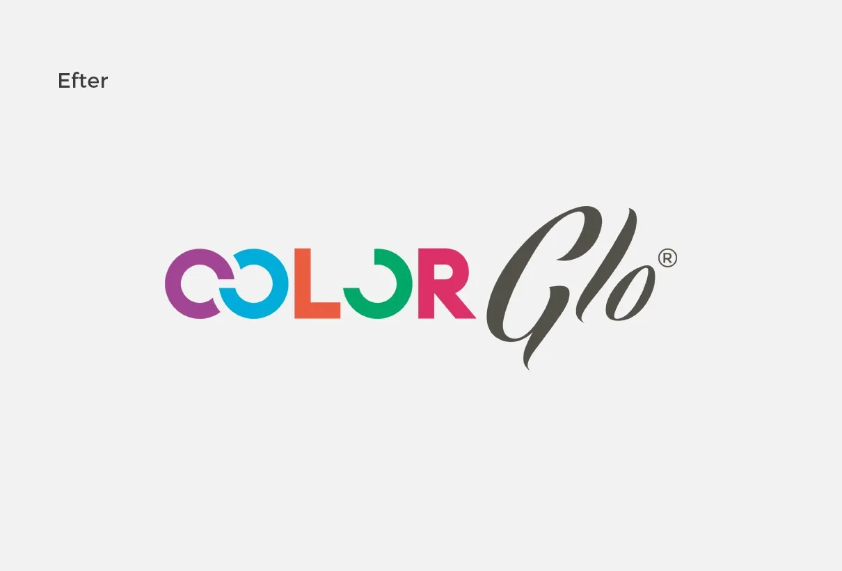 Color Glos nya logotyp: ordet ”Color” i magenta, blått, orange och grönt med två sammanlänkade ringar, och ”Glo” i grå skrivstil