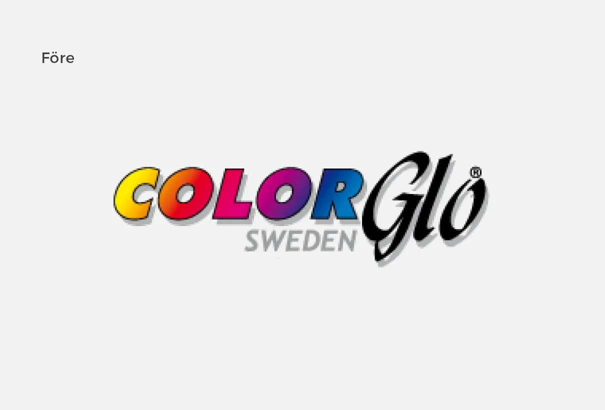 Color Glos tidigare logotyp: färgglada versaler med skugga och texten ”Sweden”