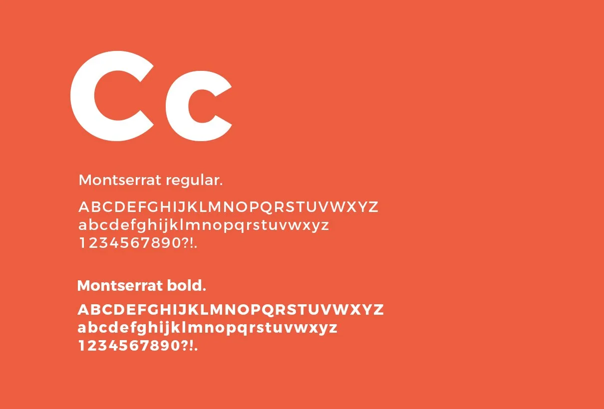 Typografiprov: bokstäverna ”Cc” i vitt på korallrött och alfabetet i två snitt i Montserrat