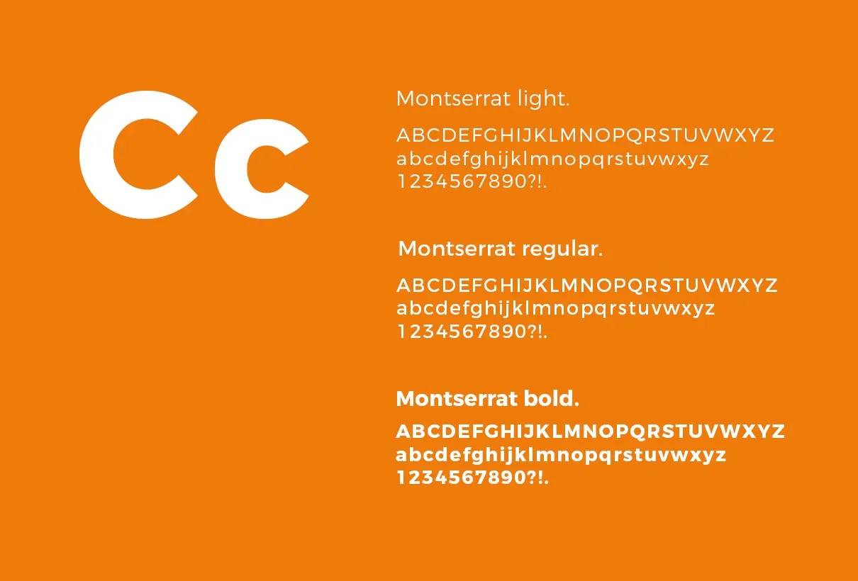 Typografiprov: bokstäverna ”Cc” i vitt på orange och alfabetet i tre snitt i Montserrat