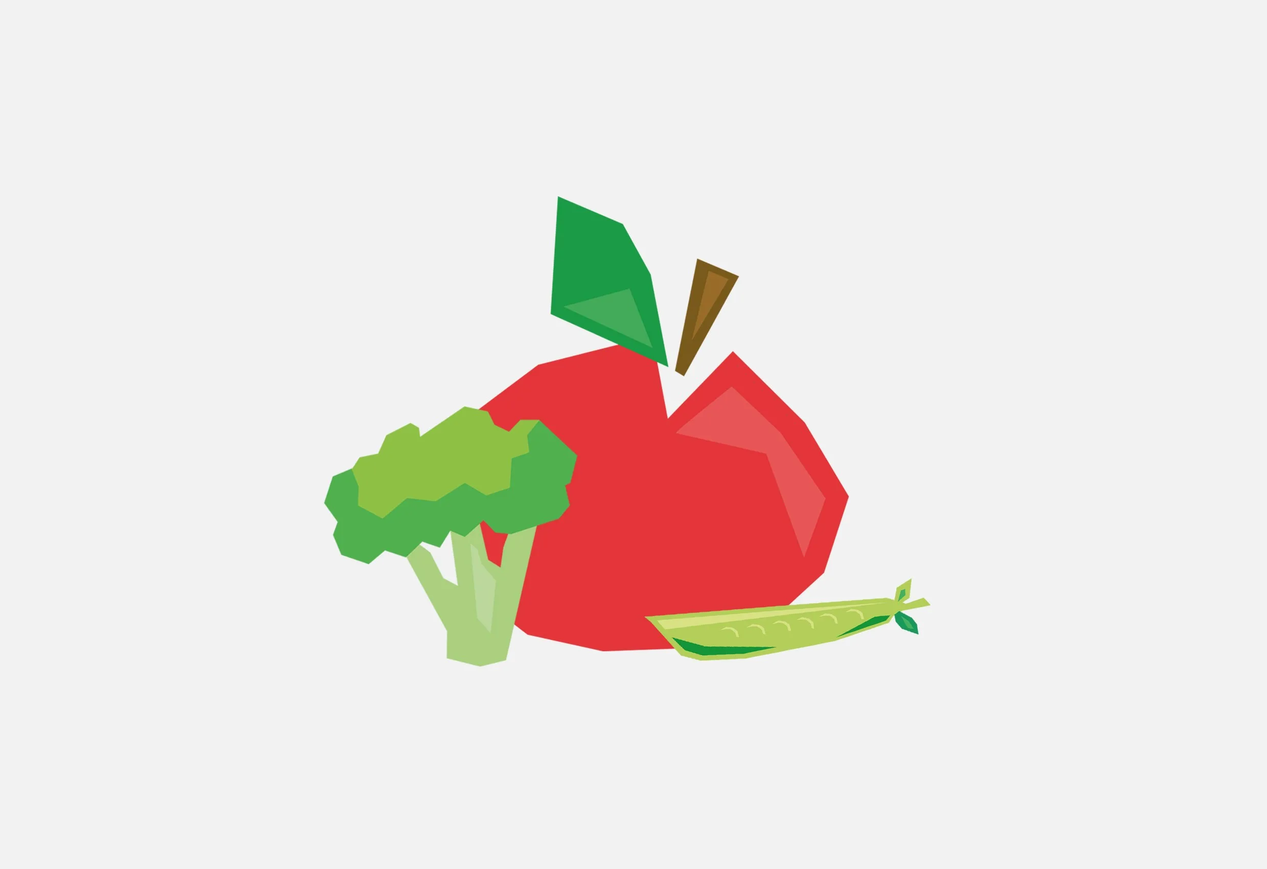 Tecknat äpple, broccoli och ärtskida i rött och grönt