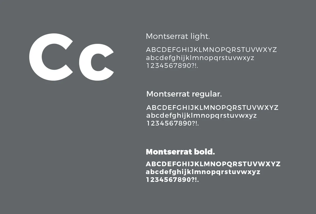 Typografiprov: bokstäverna ”Cc” i vitt på grått och alfabetet i tre snitt i Montserrat