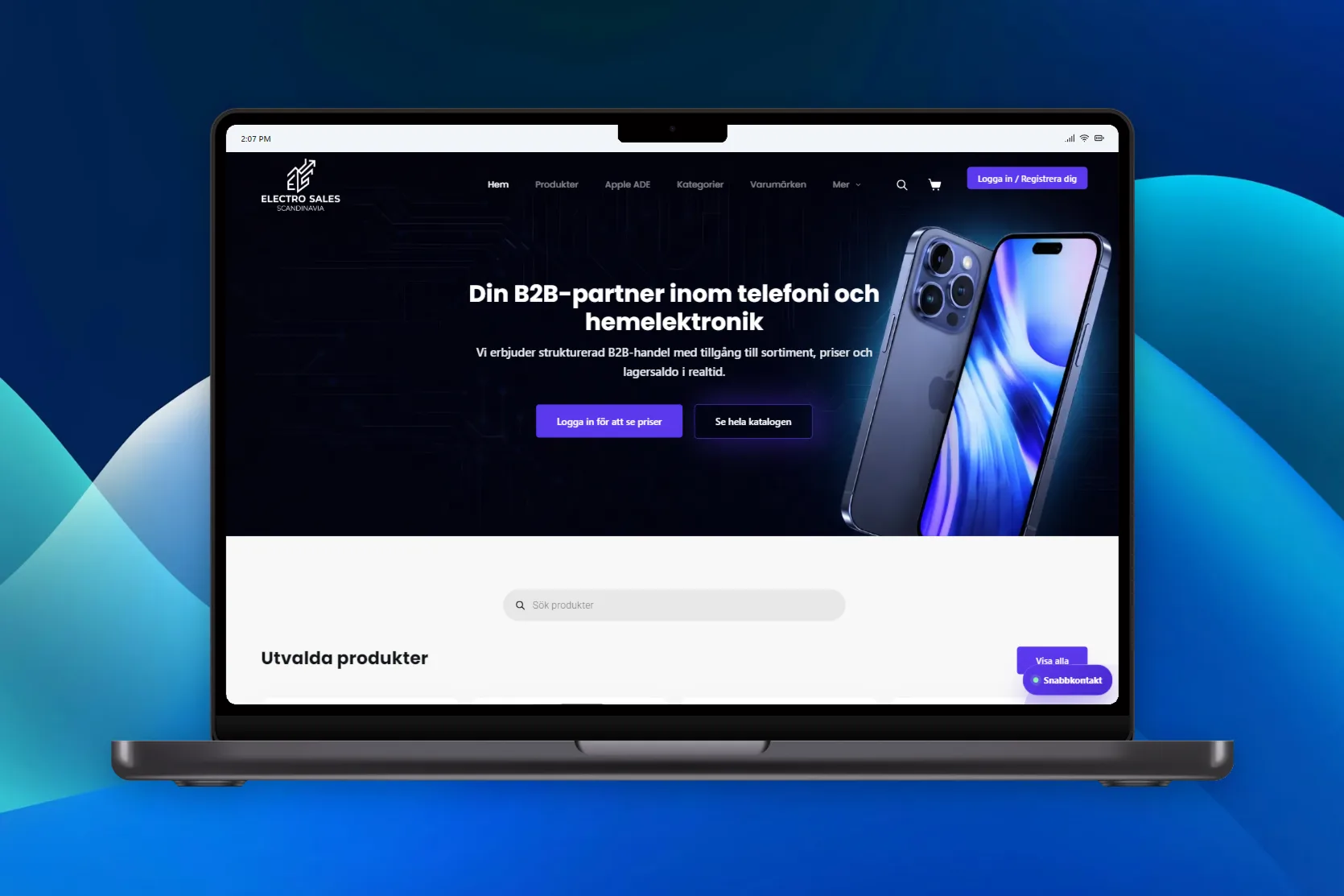Startsidan på en bärbar dator: rubriken ”Din B2B-partner inom telefoni och hemelektronik” bredvid en mobiltelefon, mot blå bakgrund