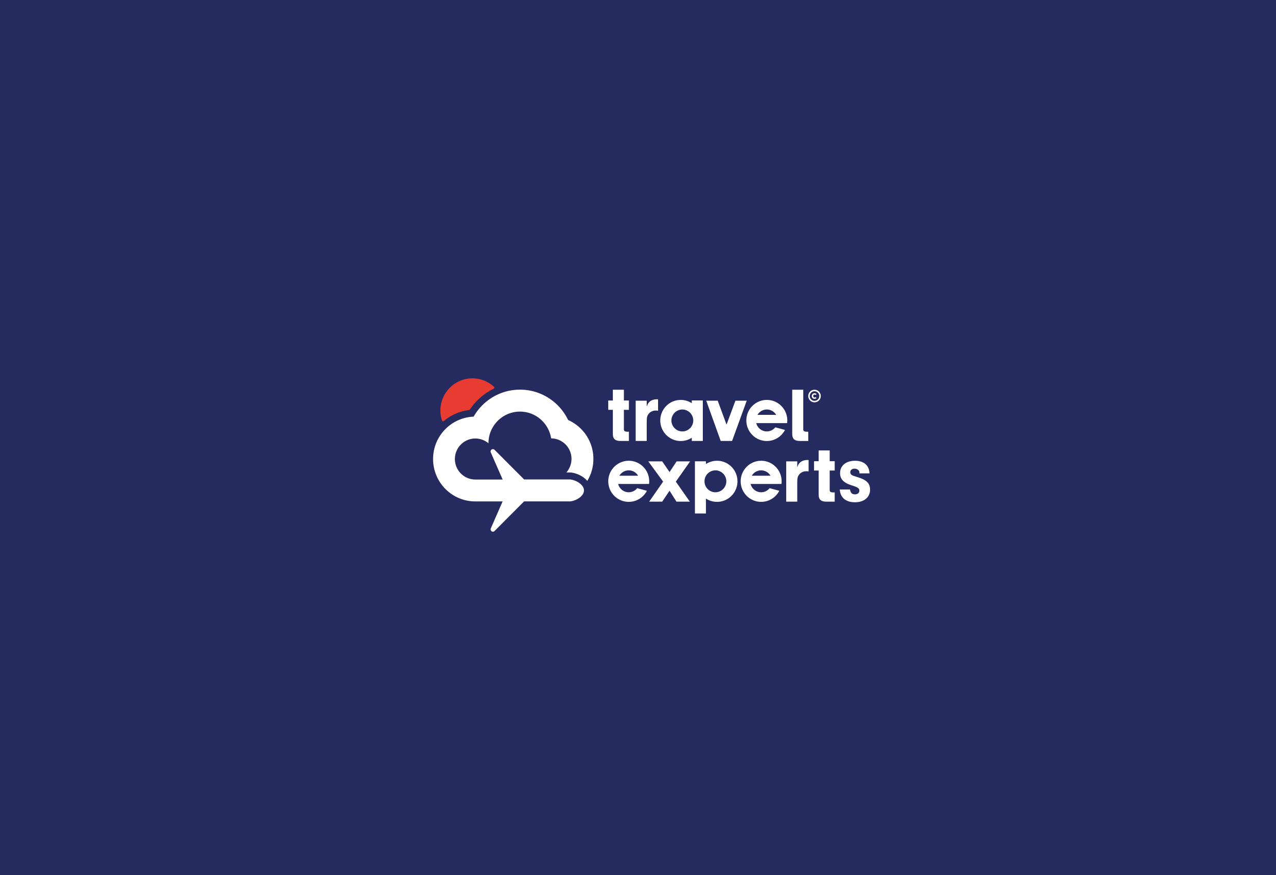 Animerad bild: Travel Experts logotyp i vitt på mörkblå botten
