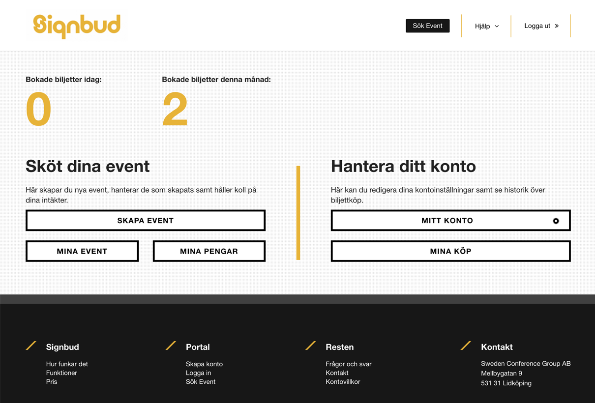 Webbplatsen Signbud på en dator: sidan med antal biljetter och knapparna ”Skapa event” och ”Mitt konto” (animerad)