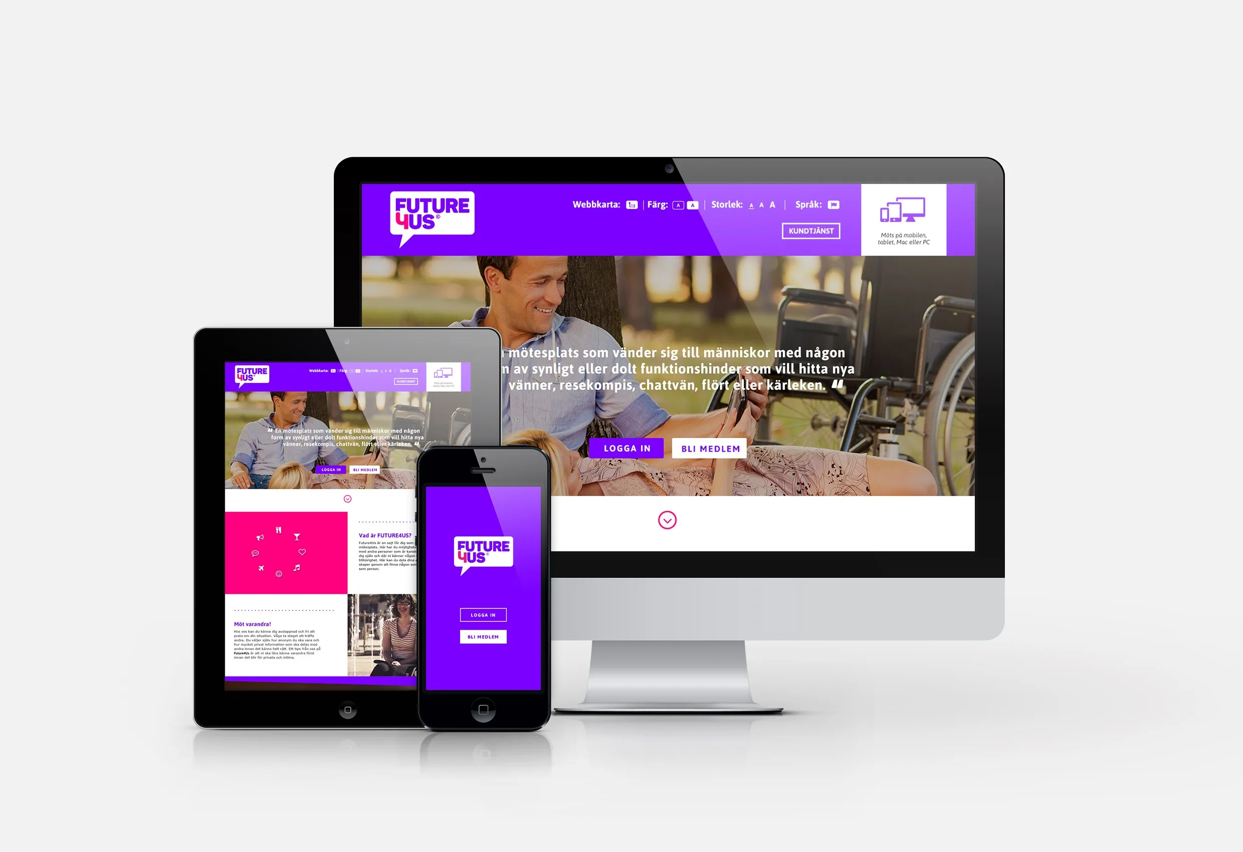 Webbplatsen på en datorskärm, en surfplatta och en mobil: lila och rosa design med Future4Us logotyp