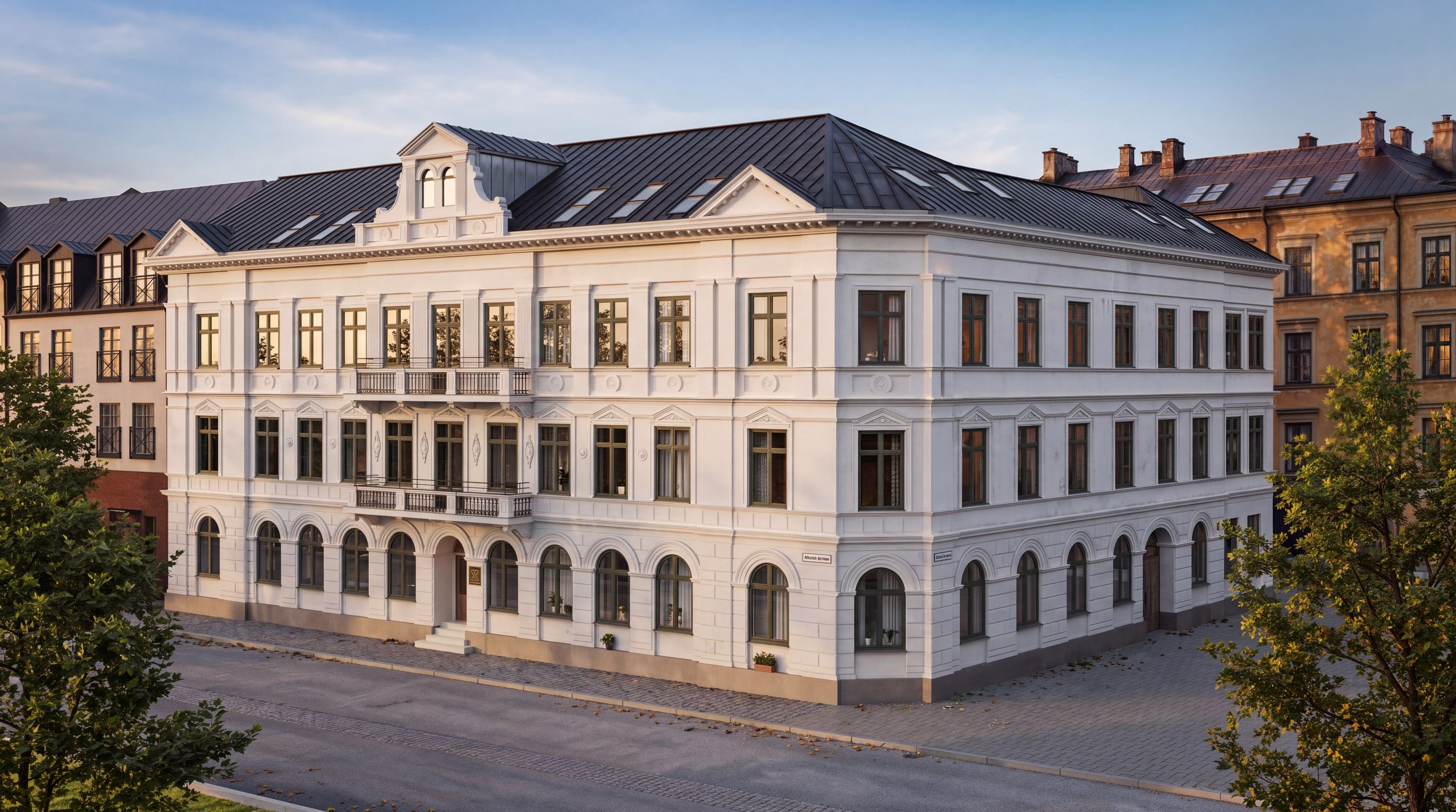 Skepparen 20 i Malmö: det vita stenhuset från 1800-talets senare del, sett snett från gatuhörnet i kvällsljus, med träd i förgrunden