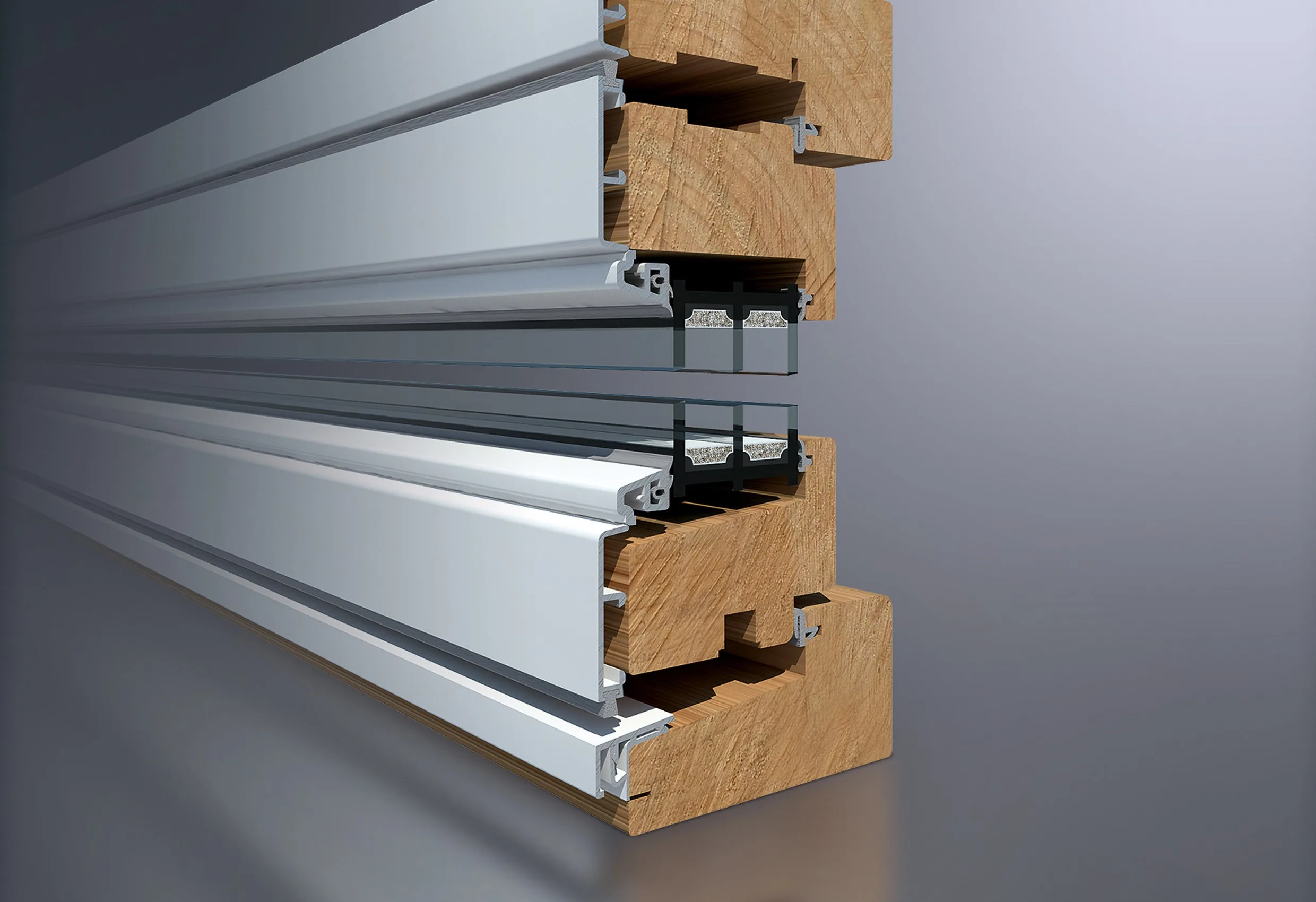 3D-rendering av ett snitt genom en fönsterbåge i trä och aluminium