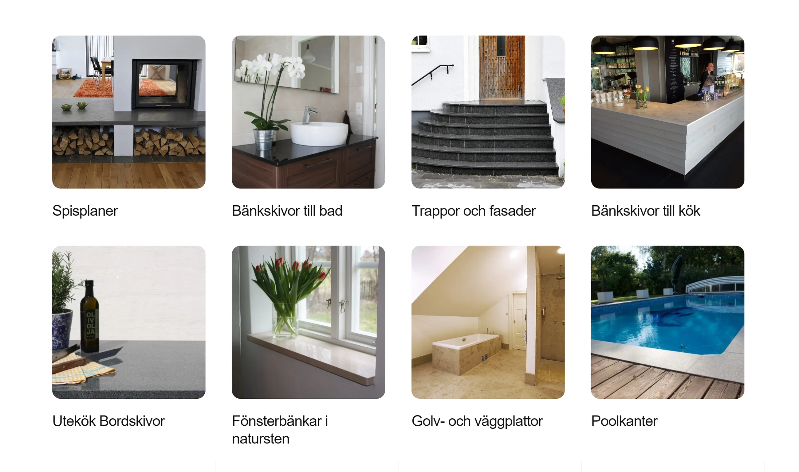Sidan med produktkategorier: åtta rutor, bland annat spisplaner, bänkskivor till bad, trappor och fasader, bänkskivor till kök, fönsterbänkar och poolkanter