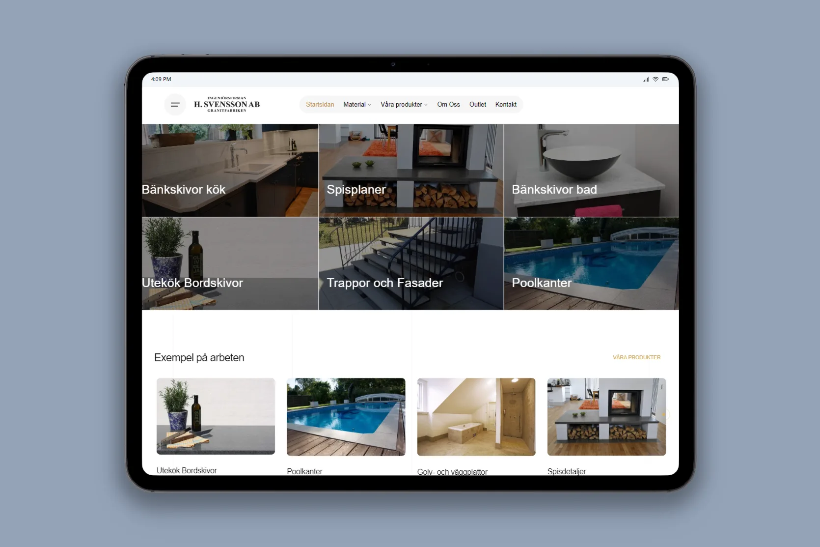 Startsidan på en surfplatta: sex rutor med bänkskivor, spisplaner och pool, och under dem exempel på arbeten