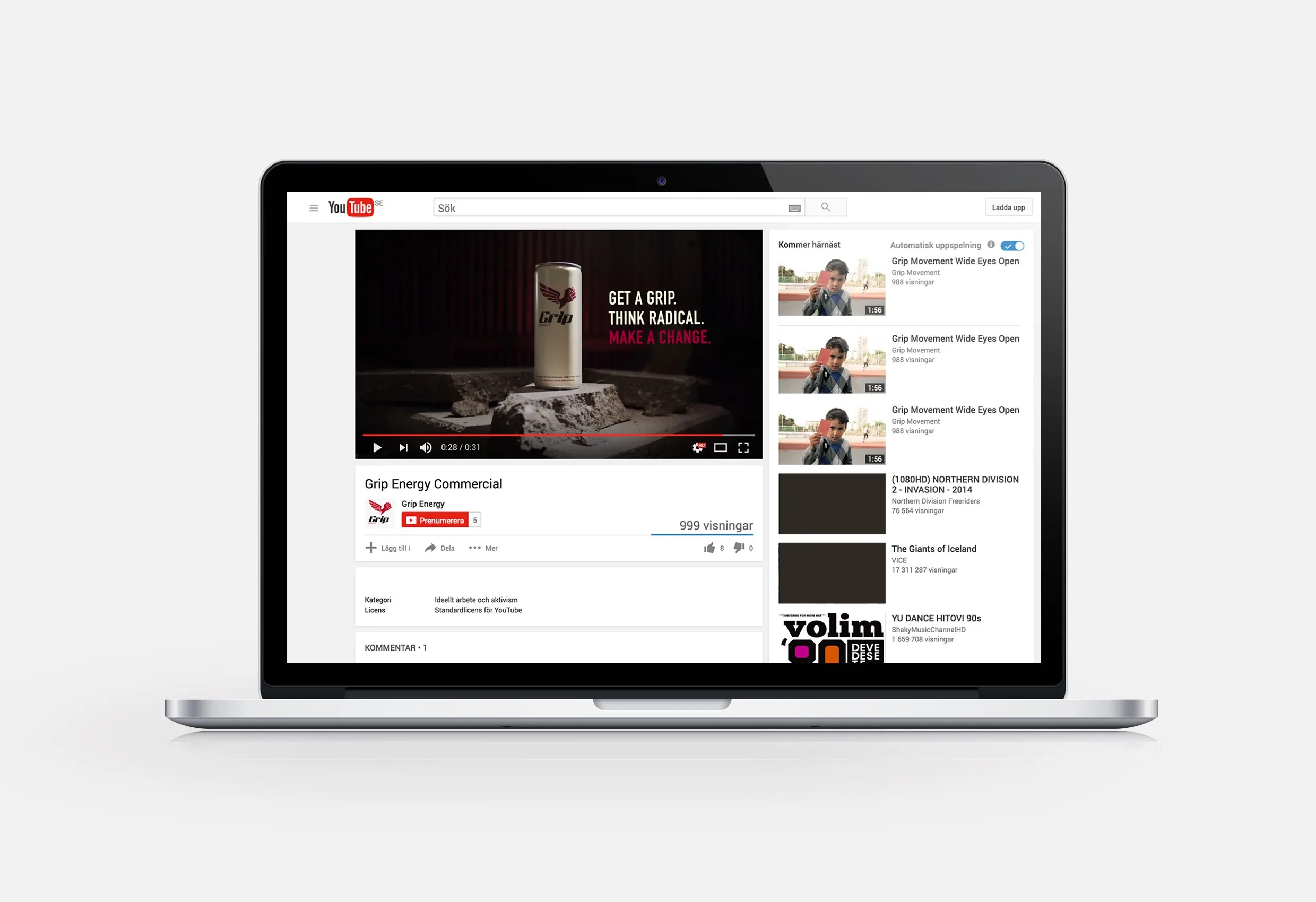 Grips kanal på Youtube på en bärbar dator, med en film om dryckesburken