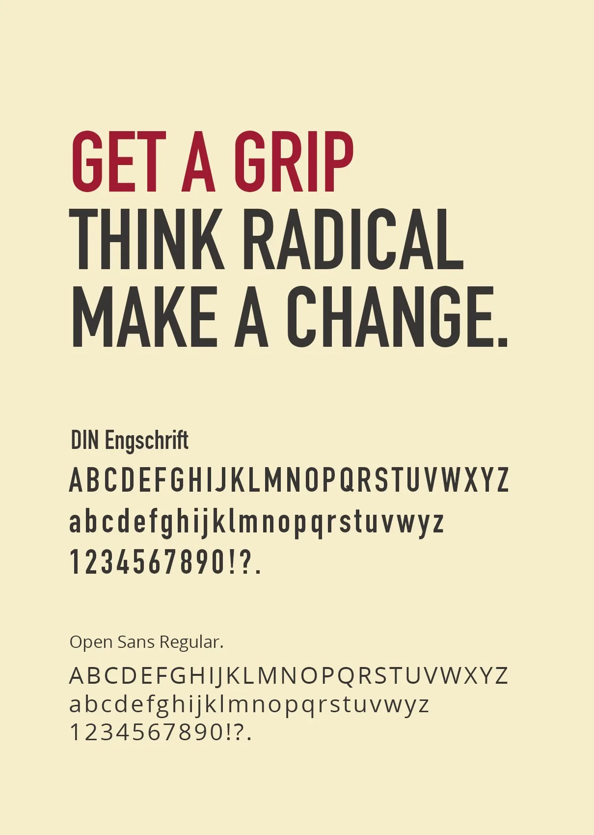 Typografiprov: texten ”Get a grip, think radical, make a change” och alfabet på gräddvit botten