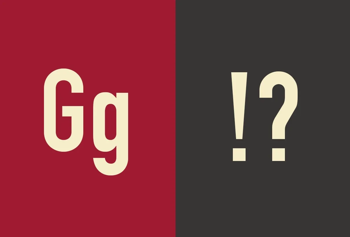 Typografiprov: bokstäverna ”Gg” i gräddvitt på rött och ”!?” på mörkgrått
