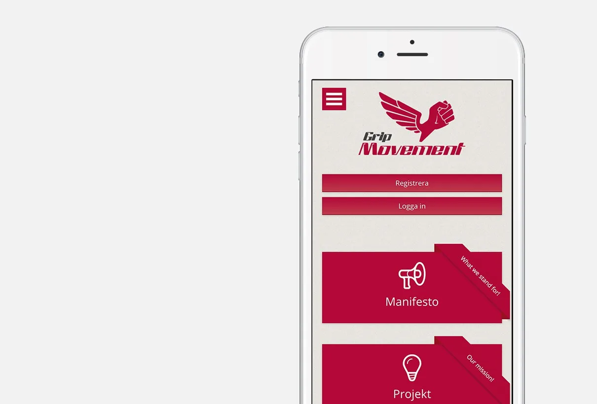Webbplatsen Grip Movement på en mobil: röda knappar med Manifesto och Projekt