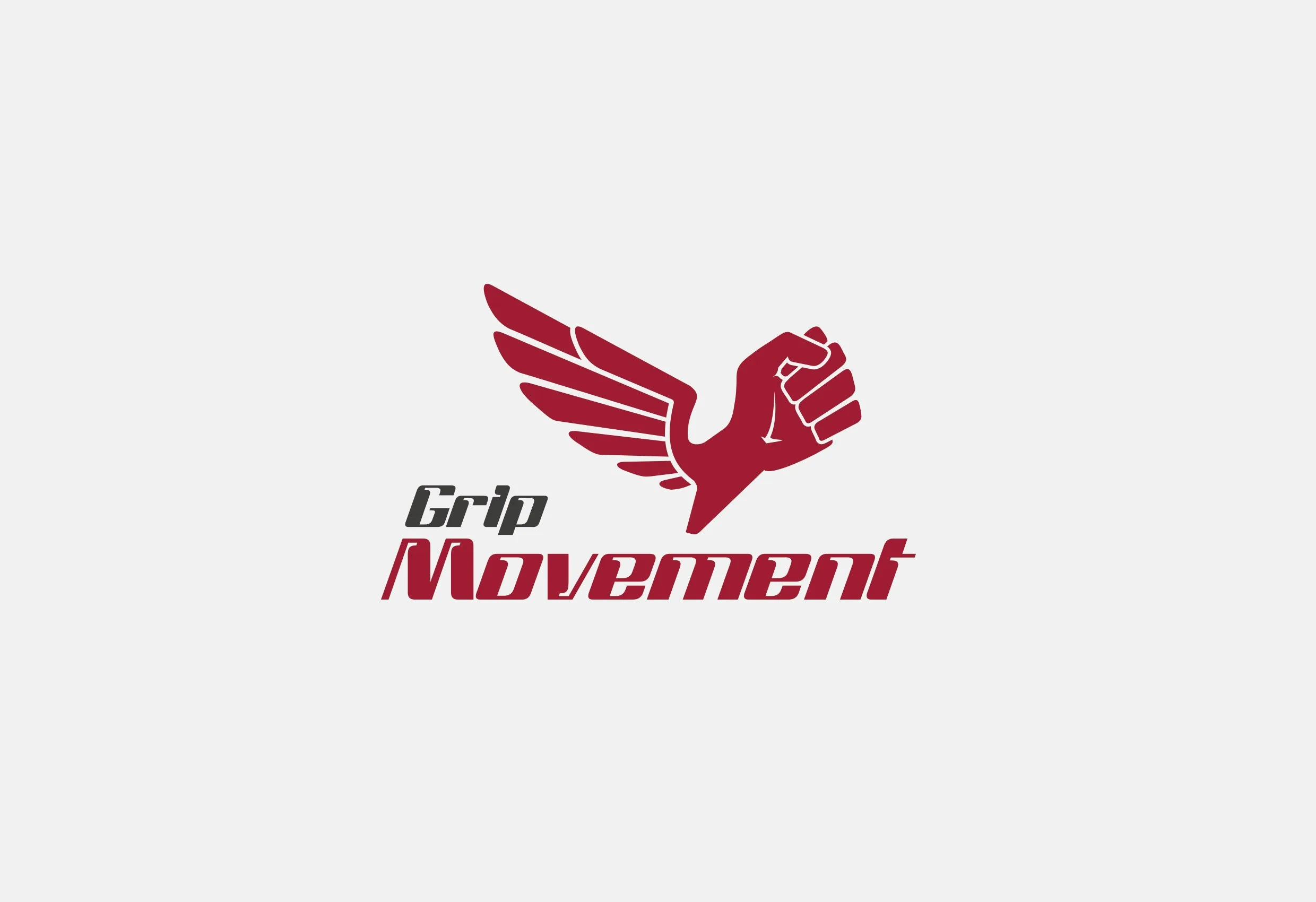 Grip Movements logotyp: den vingade nävens symbol över texten ”Grip Movement” i rött