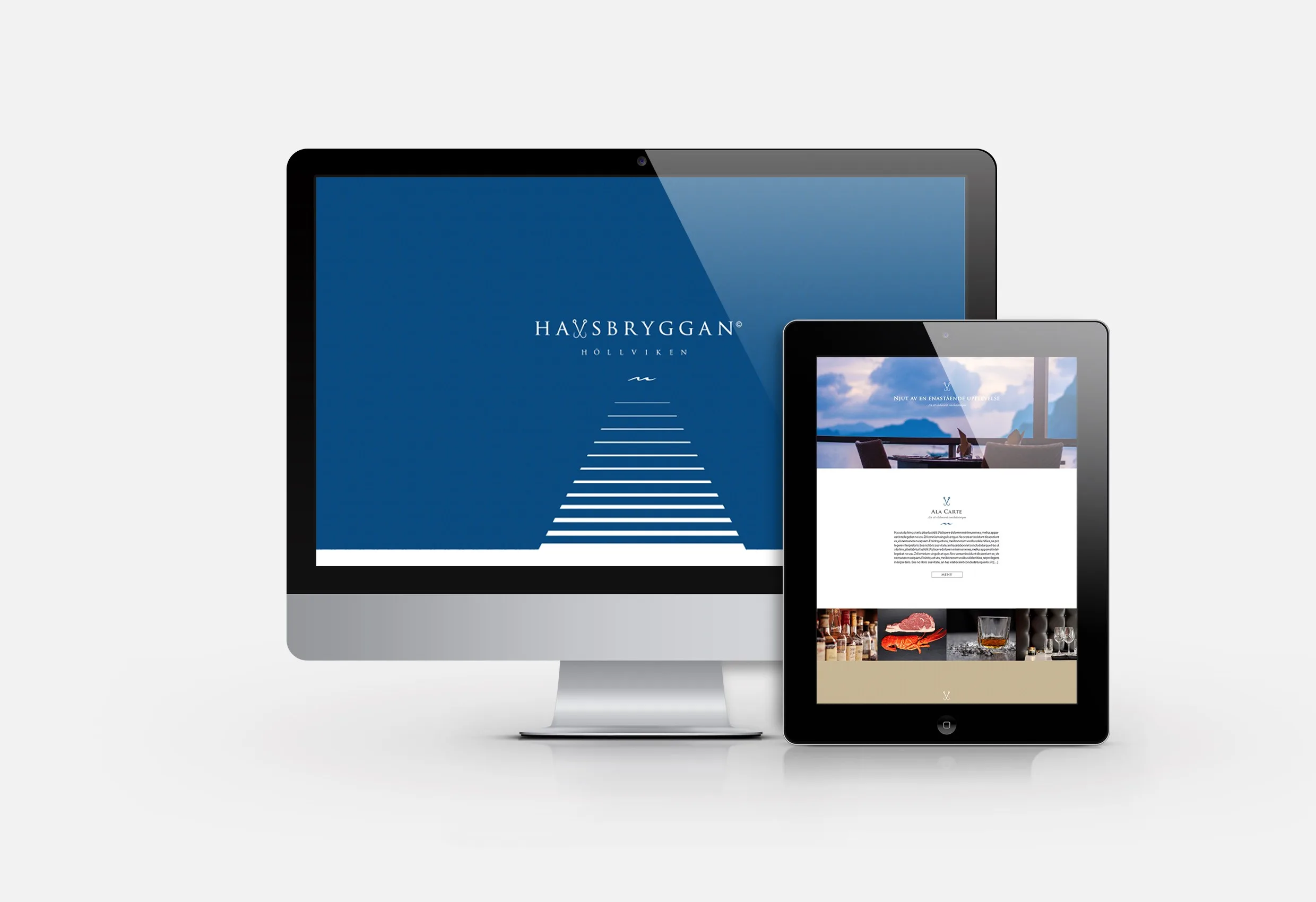 Webbplatsen på en datorskärm och en surfplatta: blå design med Havsbryggans logotyp och en bild över vattnet