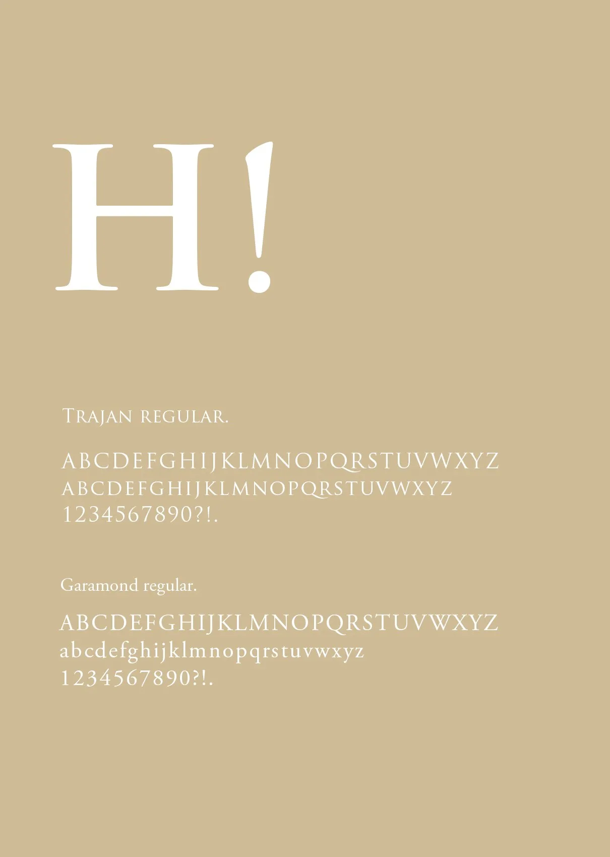 Typografiprov: bokstaven ”H!” i vitt och alfabet i serif på sandfärgad botten
