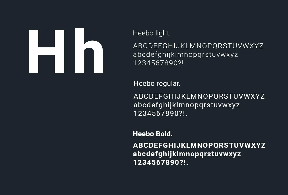 Typografiprov: bokstäverna ”Hh” och alfabet i tre snitt på mörkblå botten