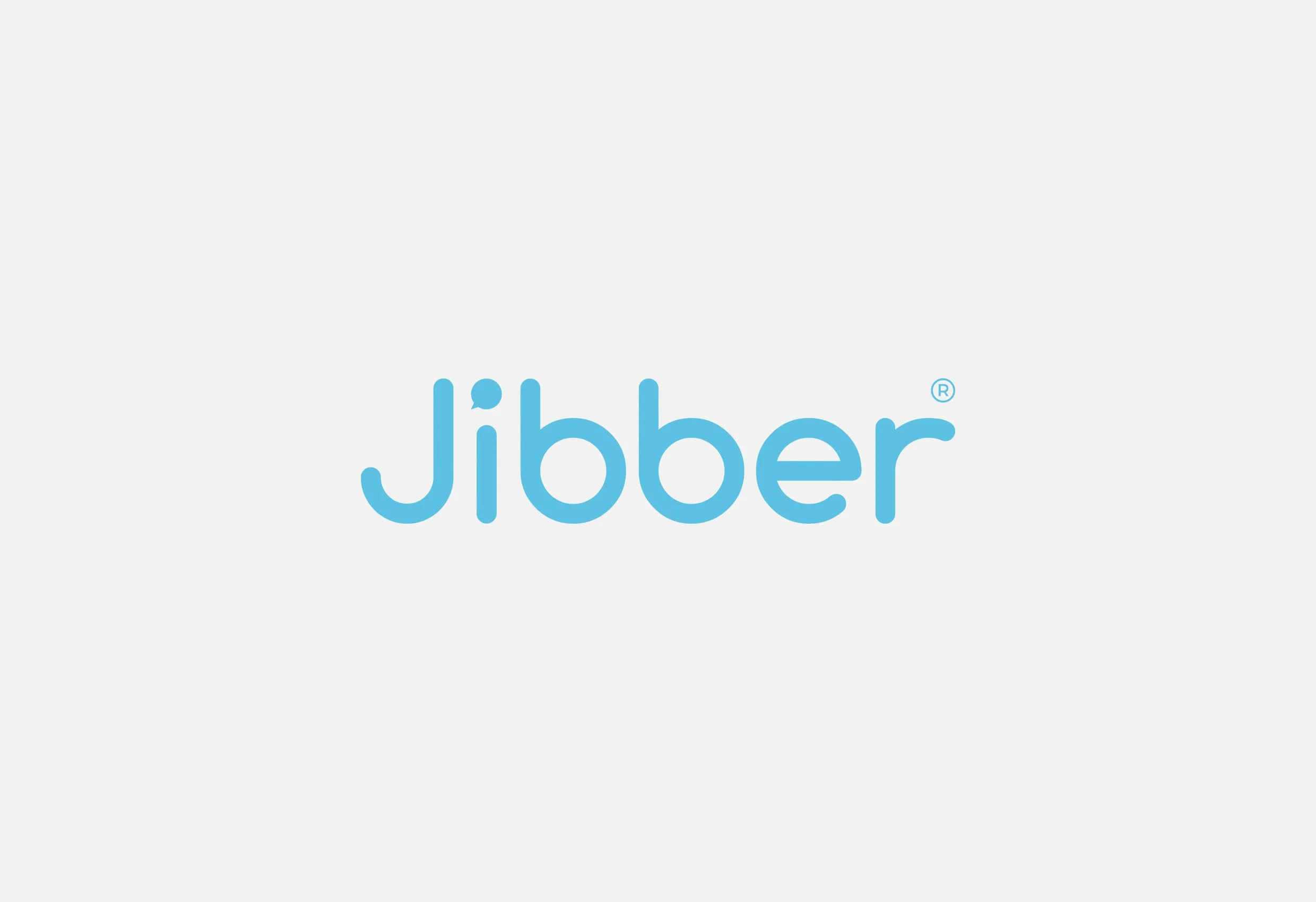 Jibbers logotyp, ordet ”Jibber” i ljusblått, på ljusgrå botten