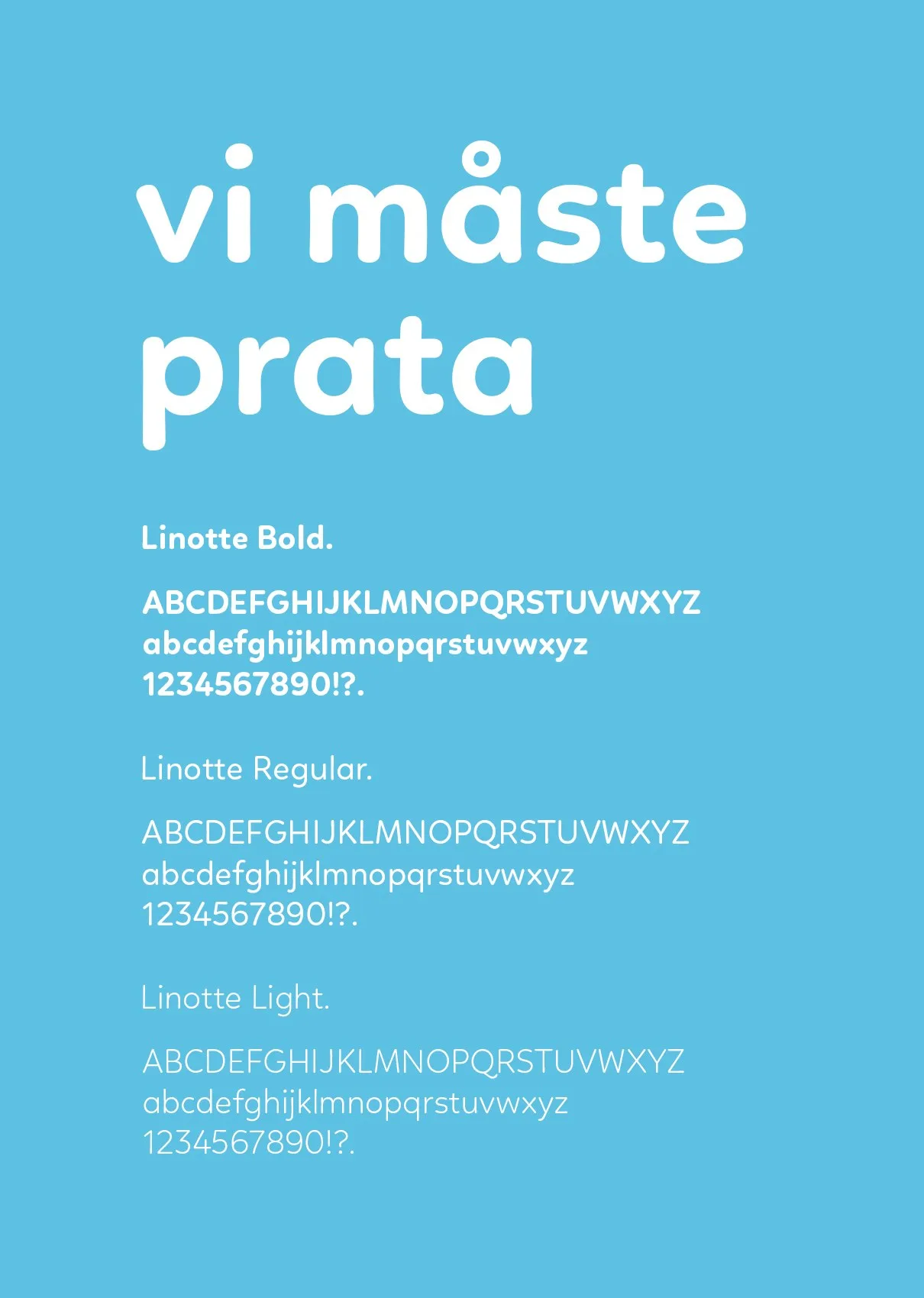Typografiprov: texten ”vi måste prata” i vitt på ljusblå botten och alfabet i tre snitt