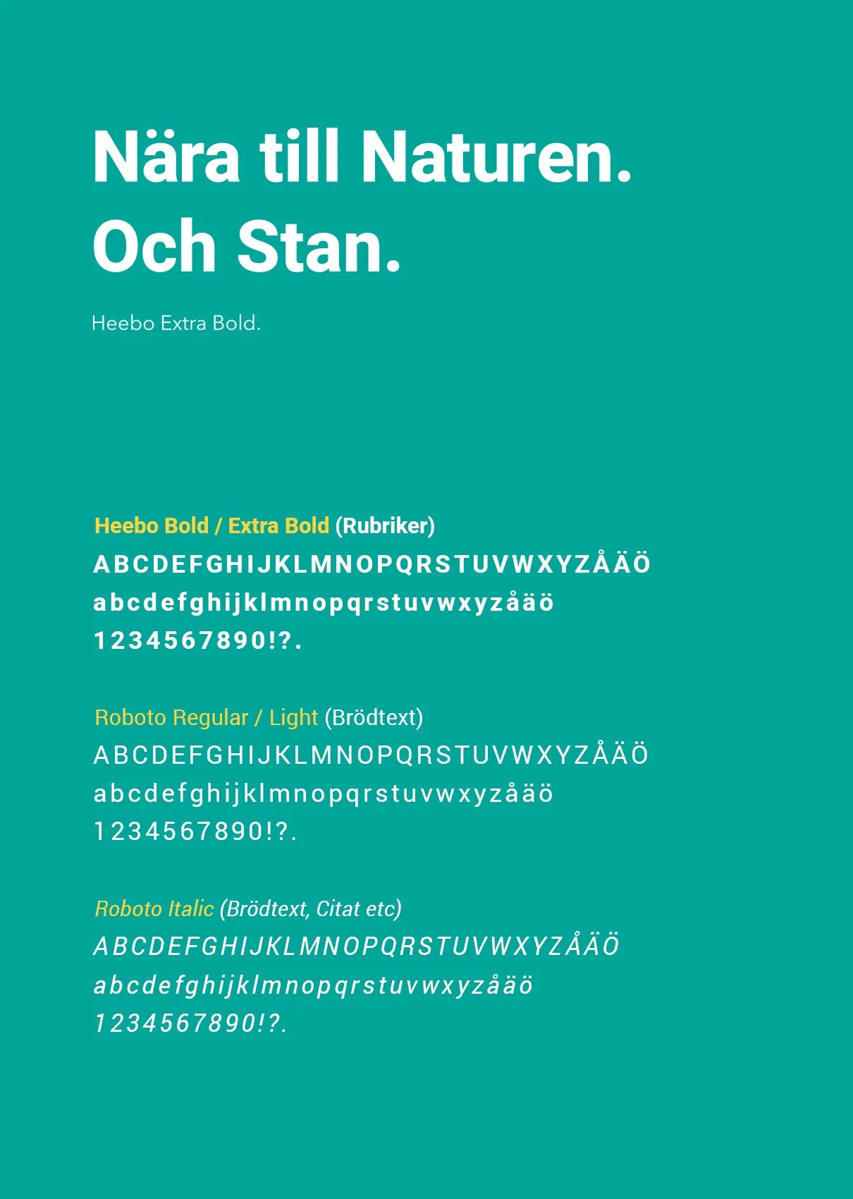 Typografiprov: texten ”Nära till Naturen. Och Stan.” och alfabet på turkos botten
