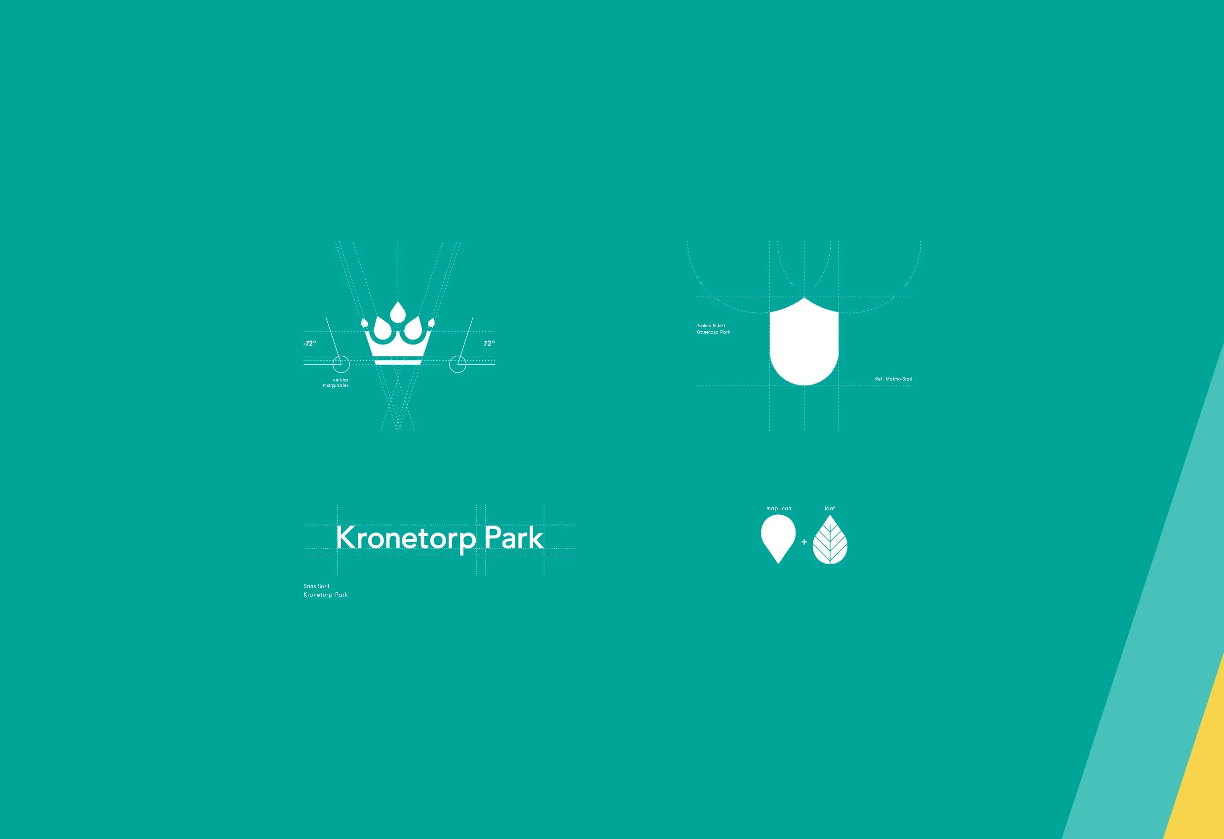 En uppbyggnad av Kronetorp Parks identitet: en krona, en sköld och två droppar på turkos botten