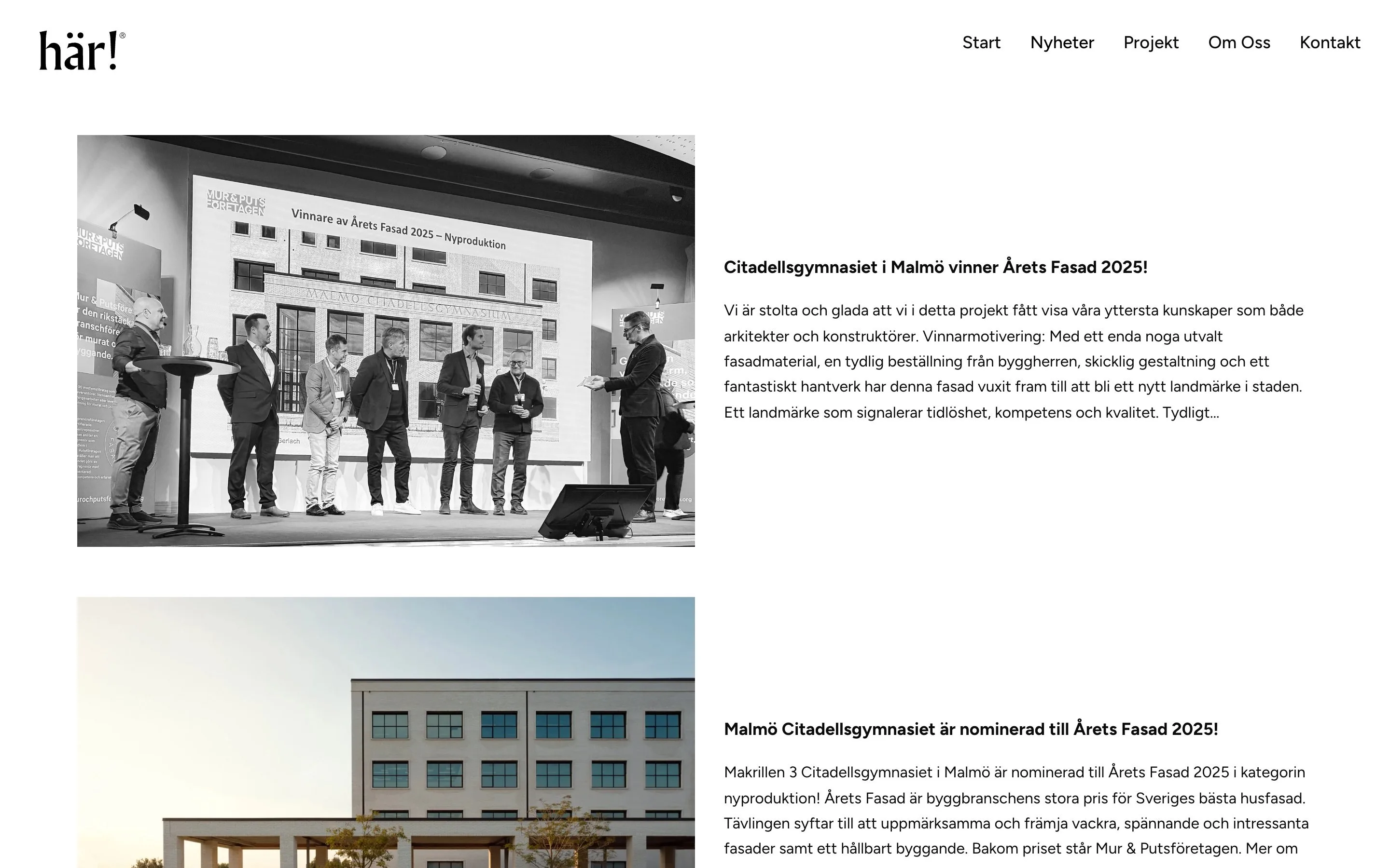 Sidan Nyheter på en dator: ett svartvitt foto av en prisutdelning och en text om Citadellgymnasiet i Malmö