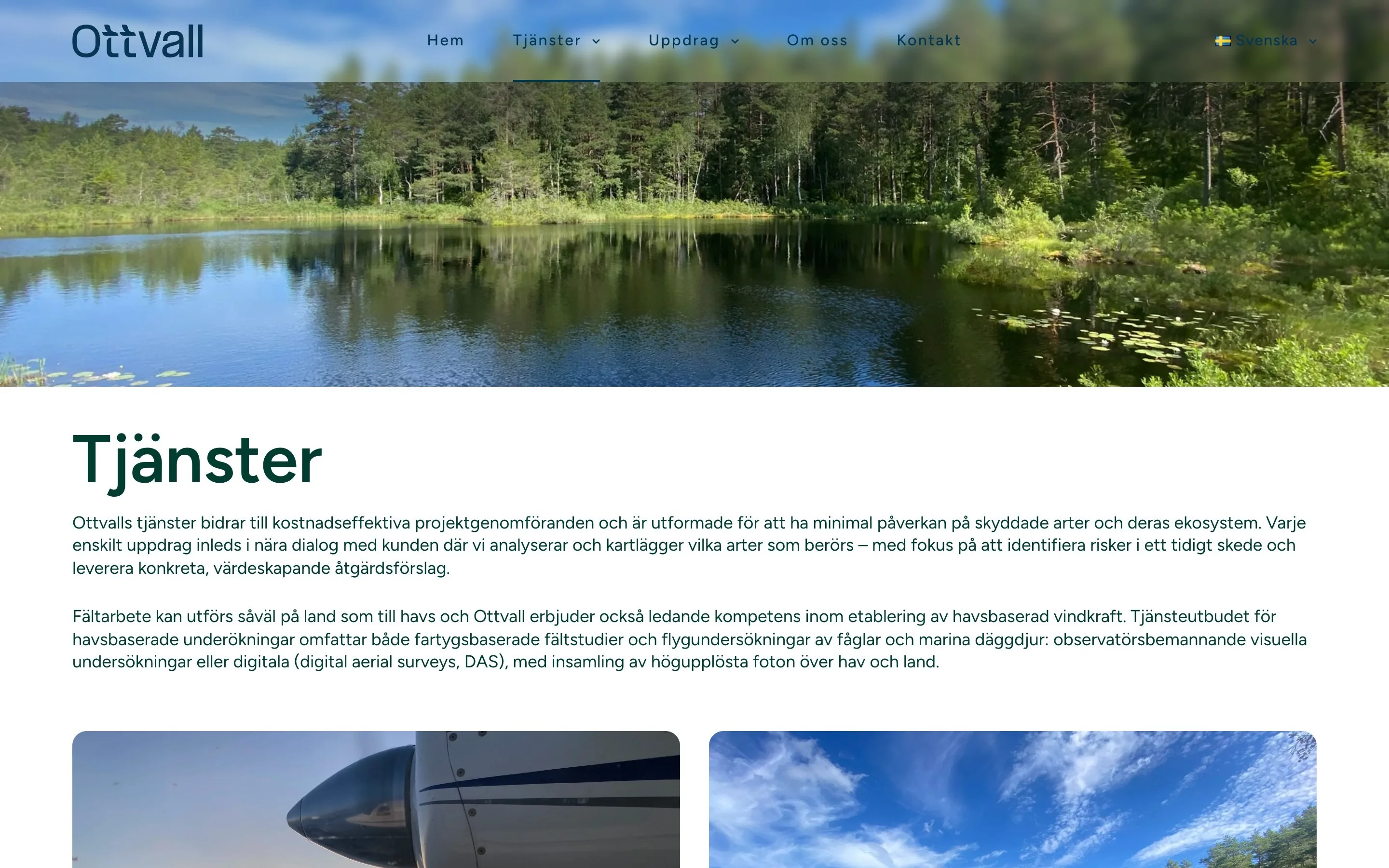 Sidan Tjänster på en dator: en skogssjö överst och rubriken ”Tjänster” med text och två bilder