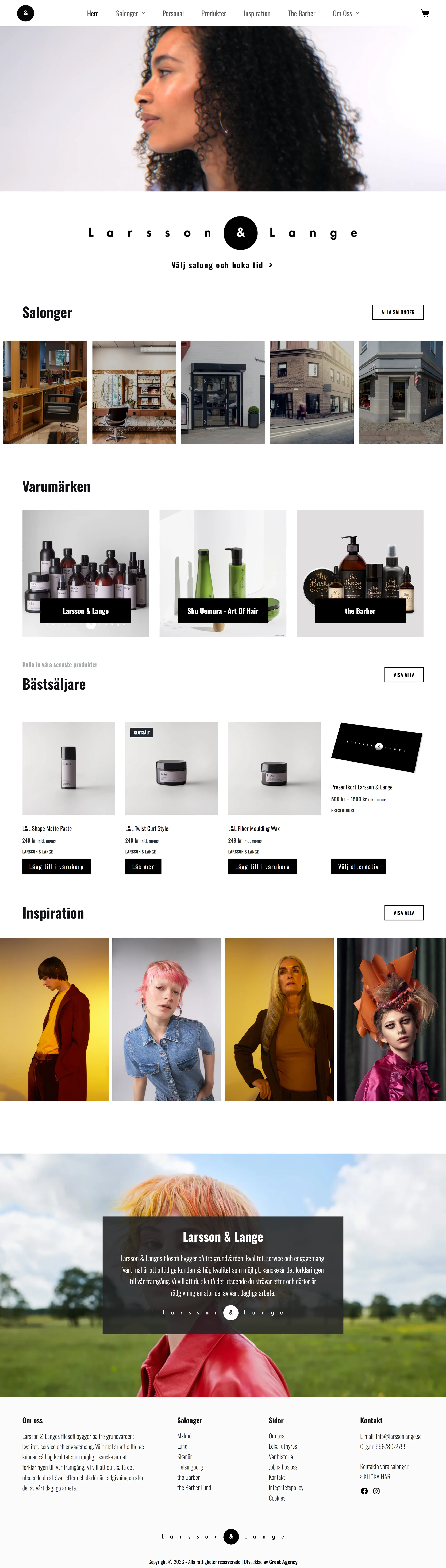 Hela startsidan i en lång skärmdump: porträtt, salonger, produkter och inspiration