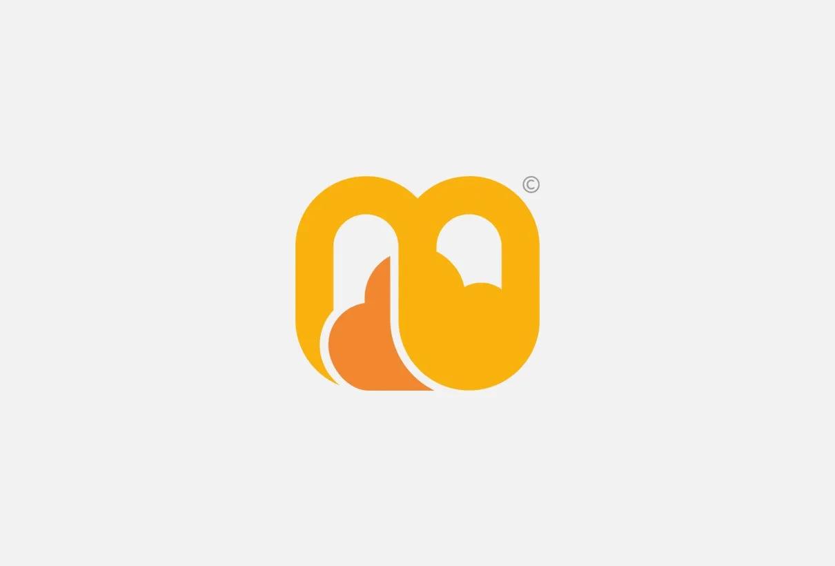 Memlins symbol i gult och orange på ljusgrå botten