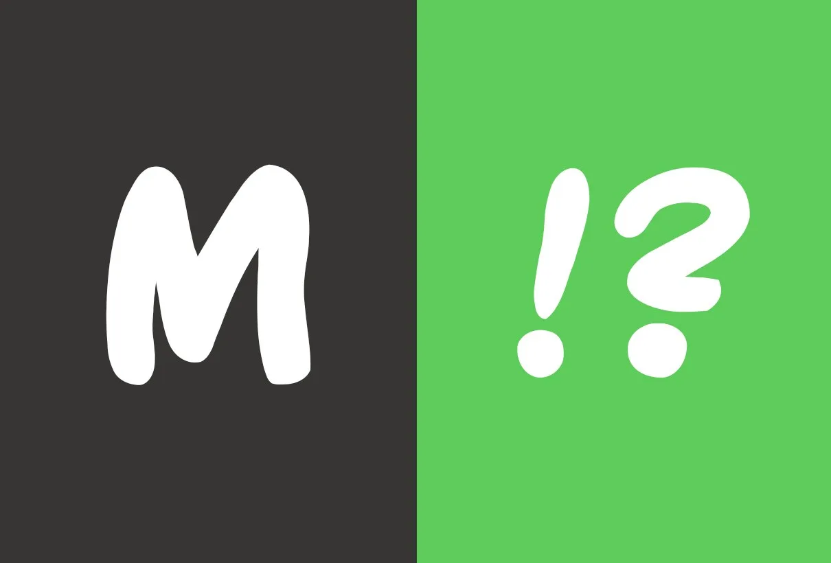 Typografiprov: bokstaven ”M” i vitt på mörkgrått och ”!?” i vitt på grönt