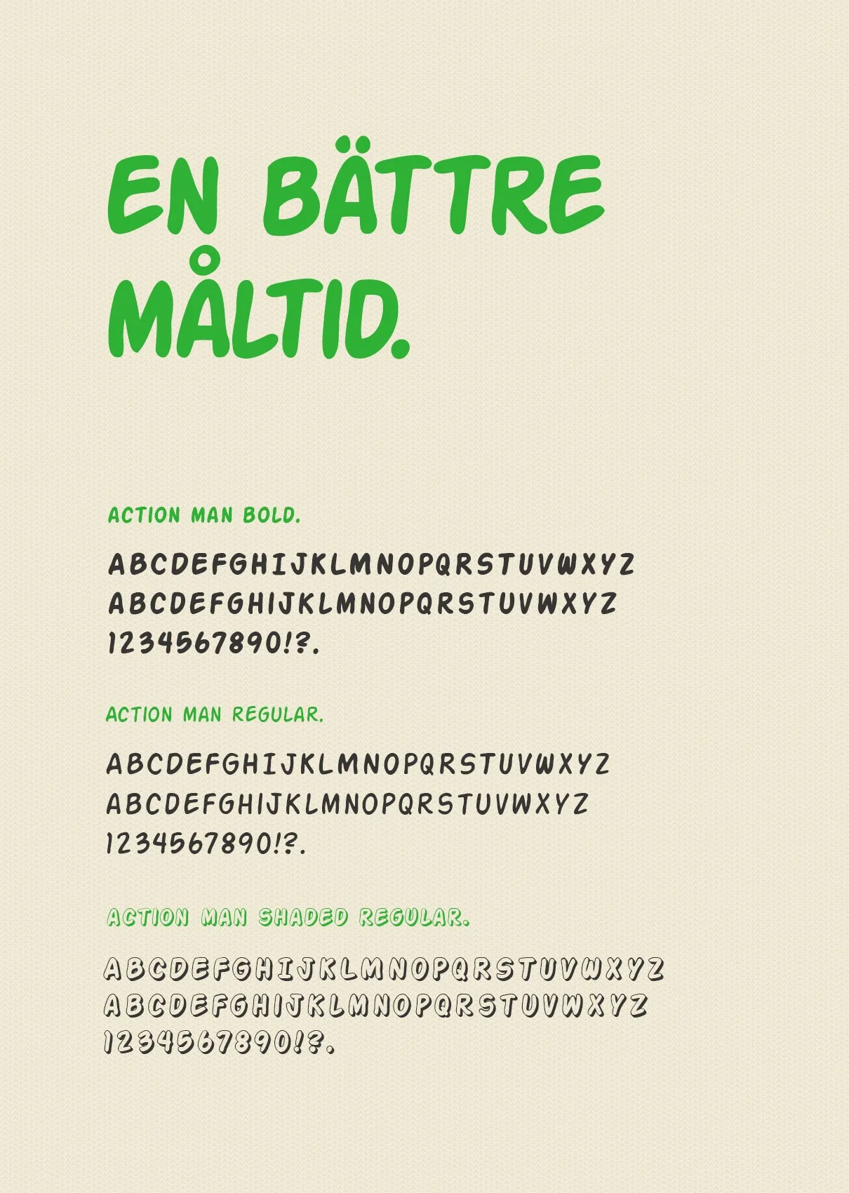Typografiprov: texten ”En bättre måltid.” och alfabet i tre snitt på ljus botten