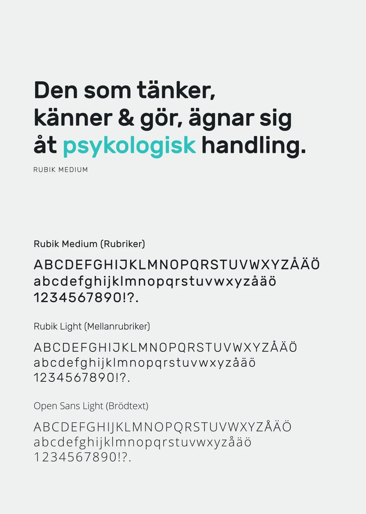 Typografiprov: texten ”Den som tänker, känner & gör, ägnar sig åt psykologisk handling.” och alfabet