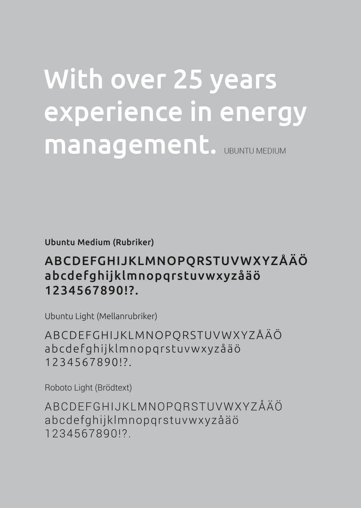 Typografiprov: texten ”With over 25 years experience in energy management.” och alfabet på grå botten