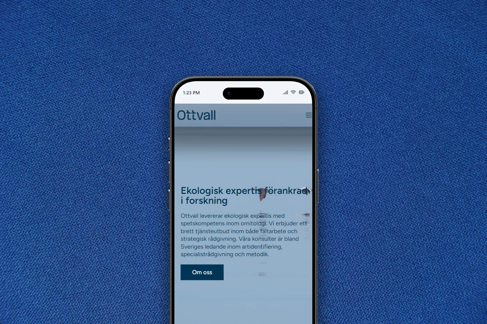 Startsidan på en mobil som ligger mot ett blått tyg, med rubriken ”Ekologisk expertis förankrad i forskning”