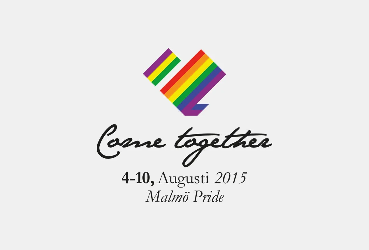 Prides logotyp: ett regnbågsfärgat hjärta över texten ”Come together”, ”4–10 augusti 2015” och ”Malmö Pride”