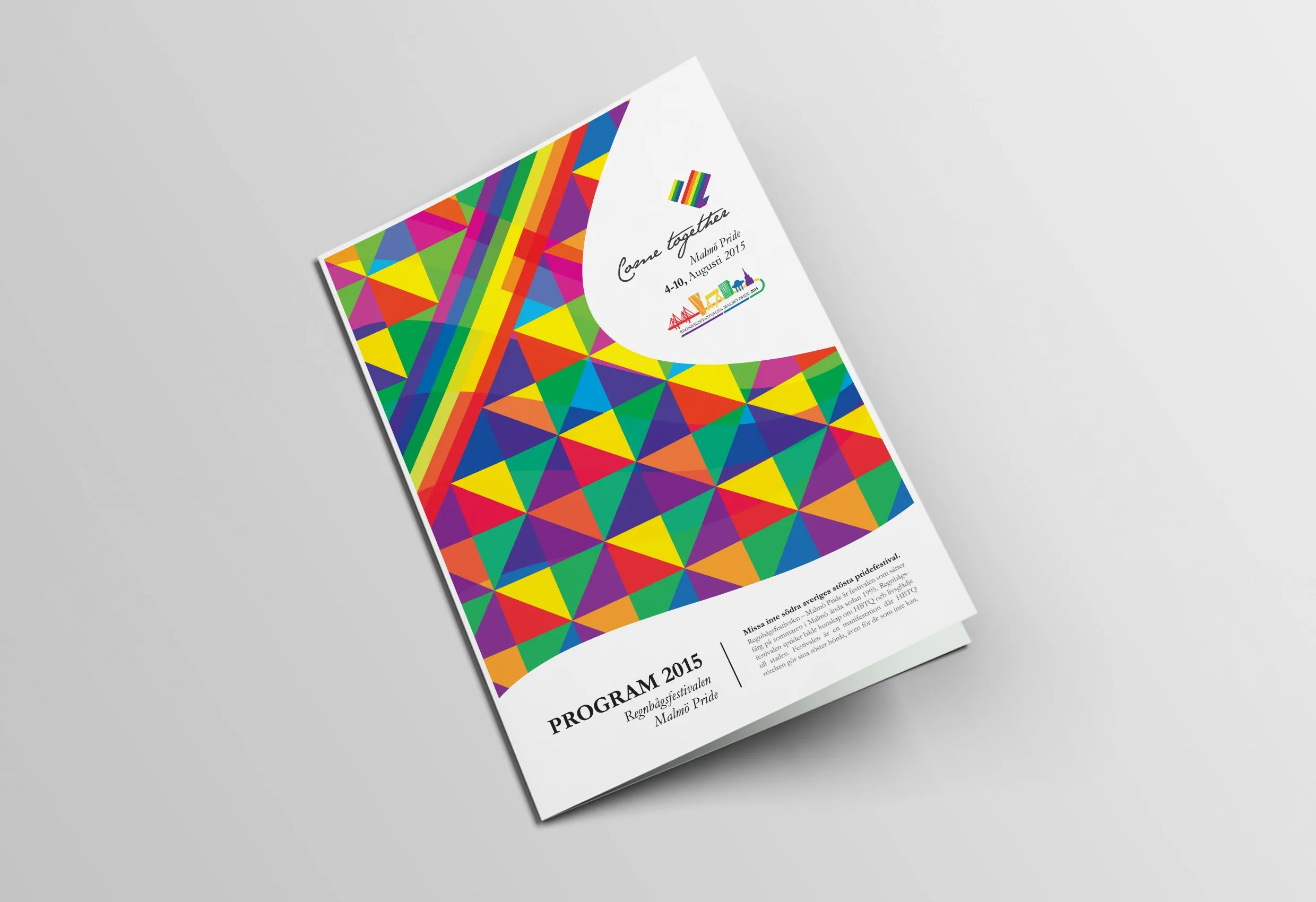 Ett vikt program i trianglar och regnbågsfärger med texten ”Program 2015”