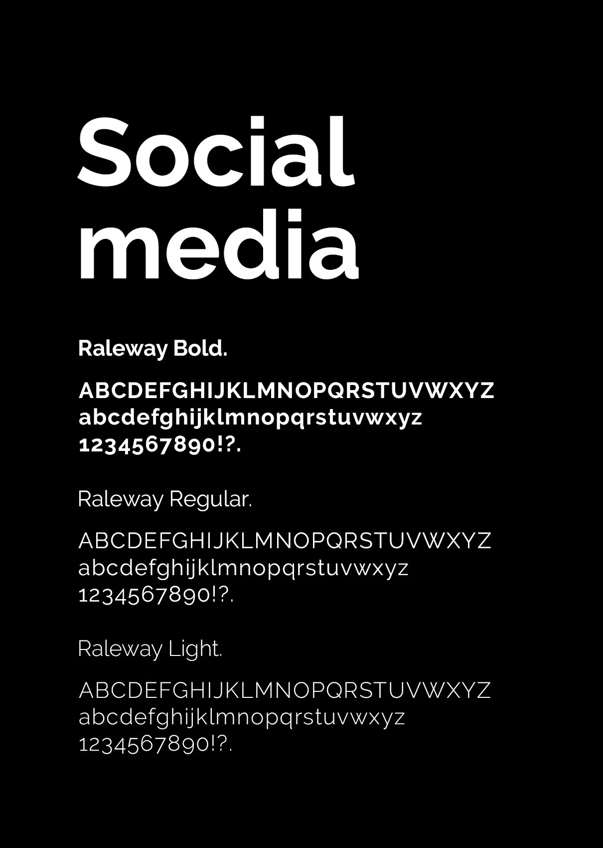 Typografiprov: texten ”Social media” på svart botten och alfabet i tre snitt