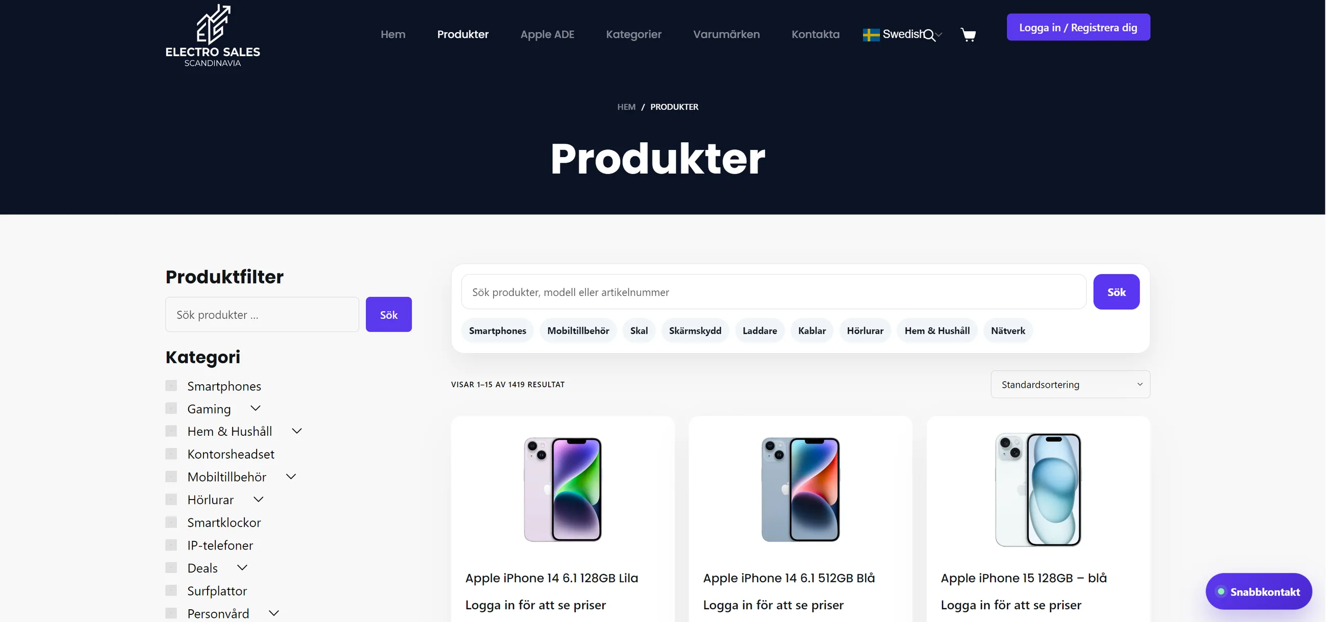 Produktsidan med filter till vänster och tre mobiltelefoner i en rad