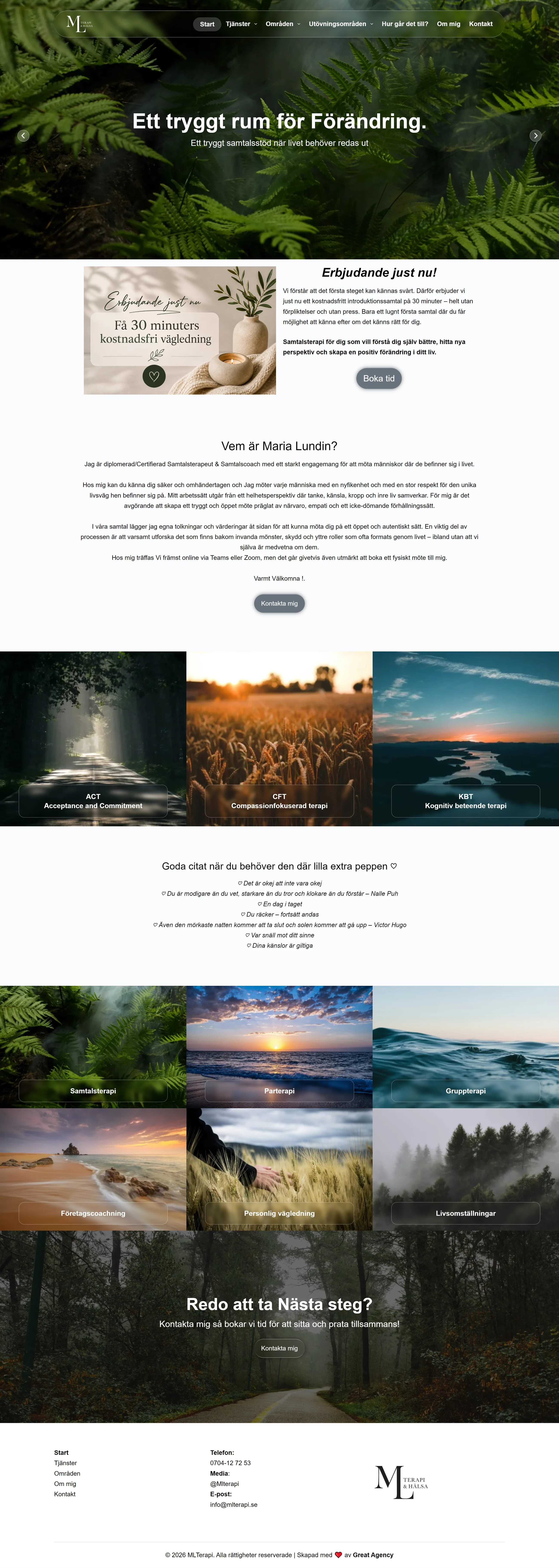 Hela startsidan i en lång skärmdump: mörkgröna naturbilder överst, sedan textavsnitt och en rad landskapsfotografier