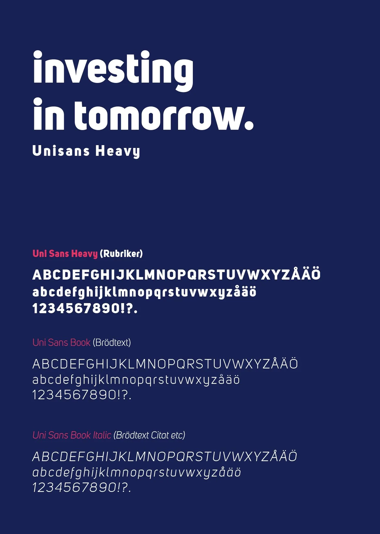 Typografiprov: texten ”investing in tomorrow.” och alfabet på mörkblå botten