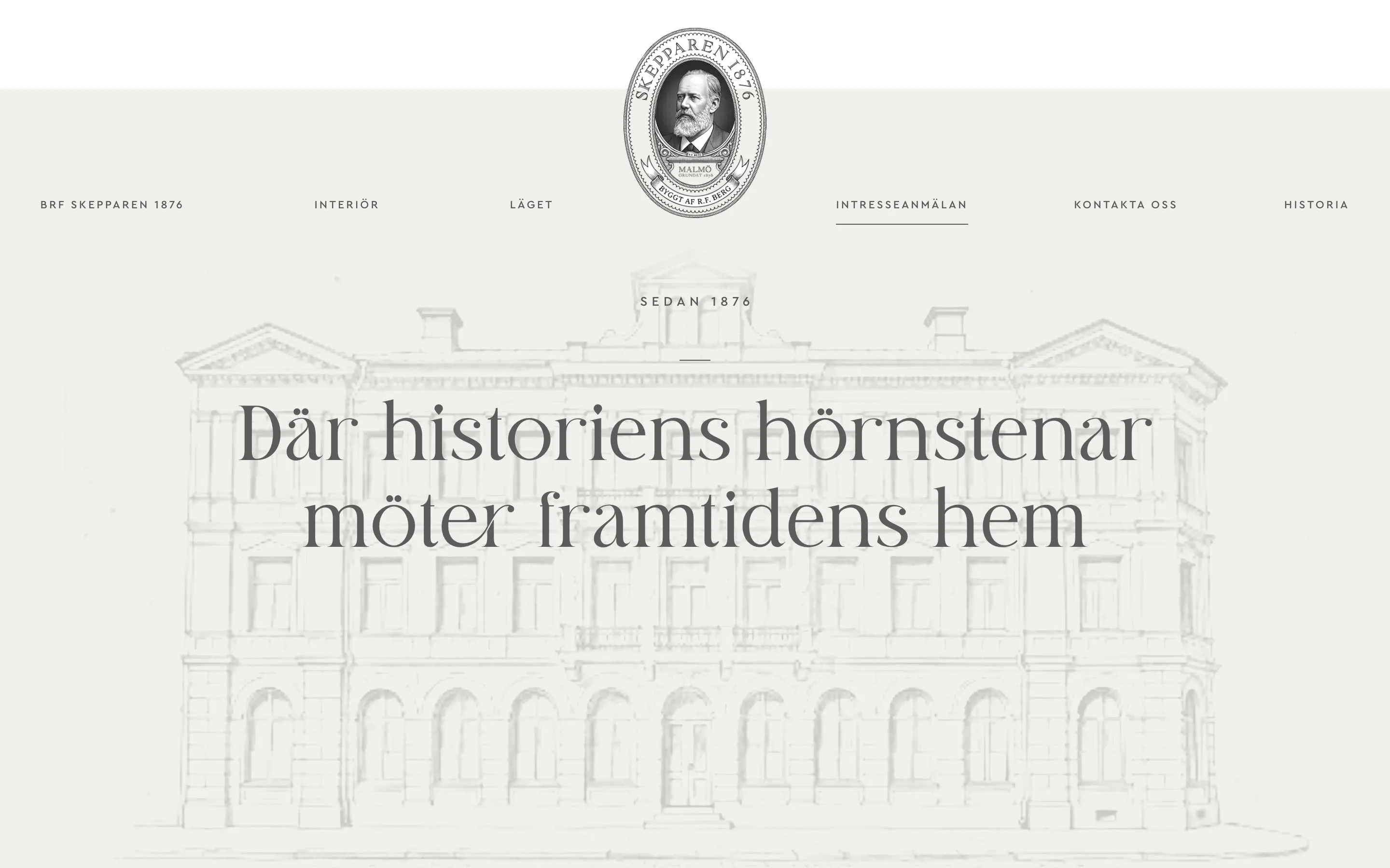Webbplatsens första skärm: rubriken ”Där historiens hörnstenar möter framtidens hem” över en tecknad fasad