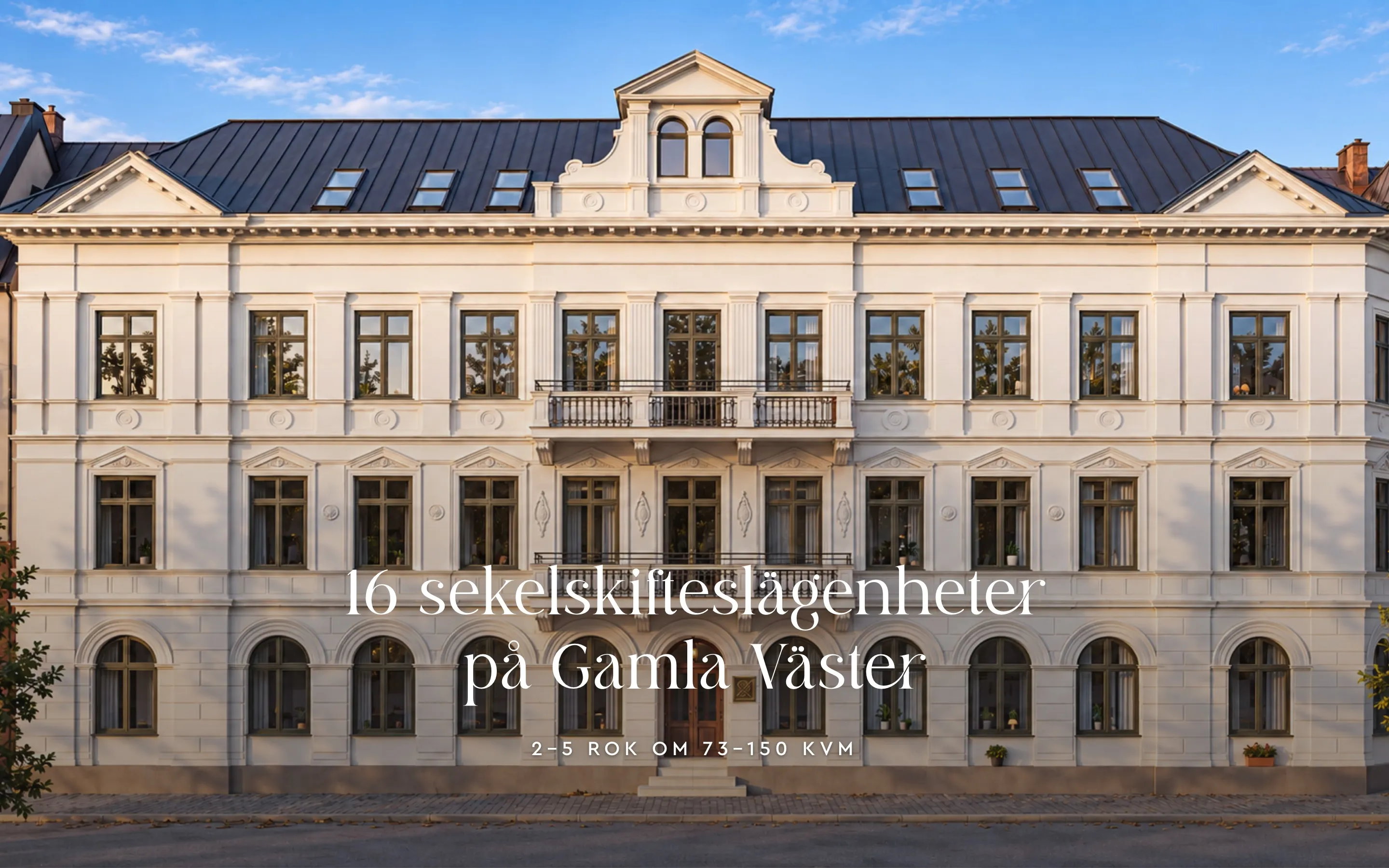 Webbplatsen: husets fasad under rubriken ”16 sekelskiftslägenheter på Gamla Väster”