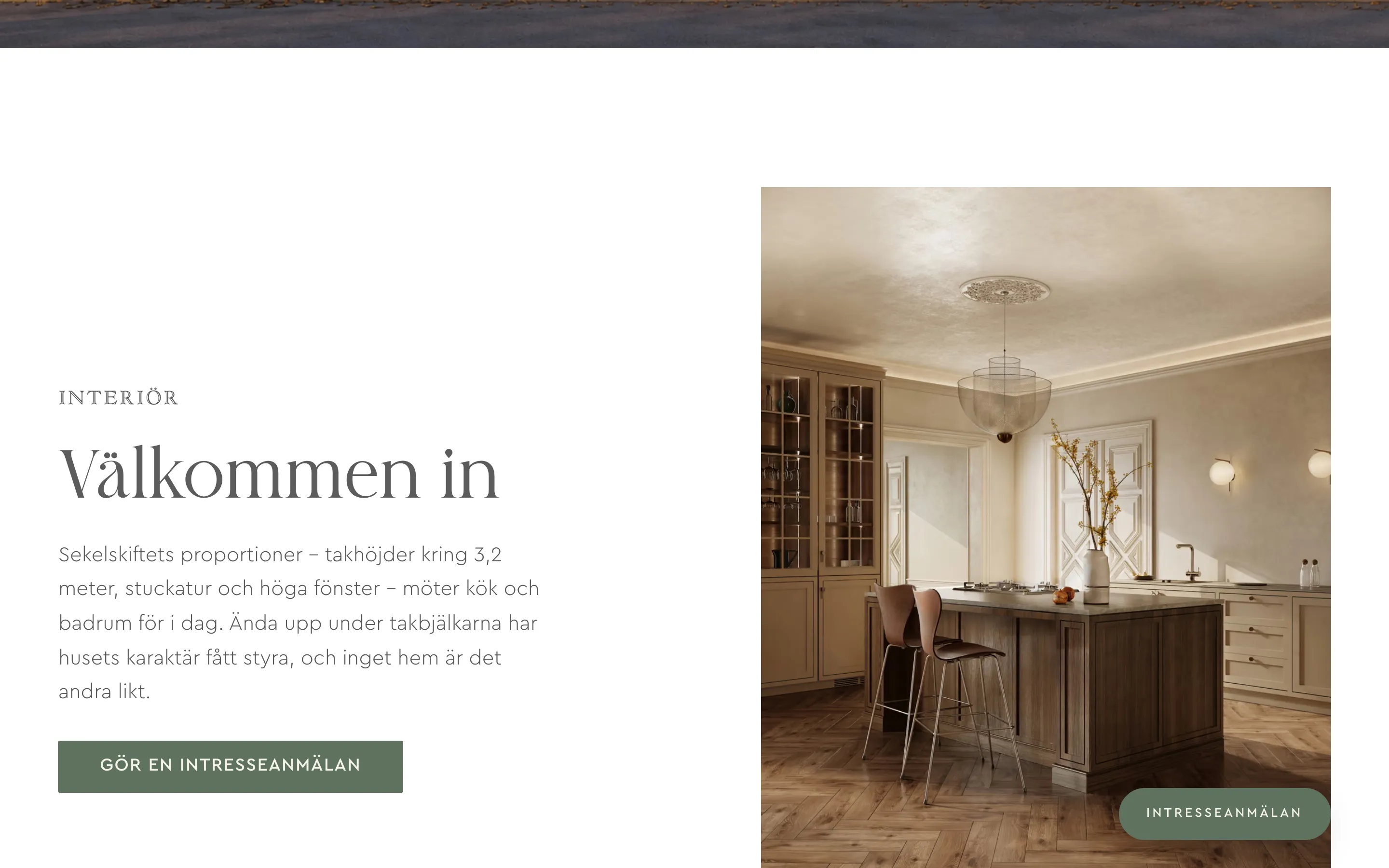 Webbplatsen: avsnittet ”Välkommen in” med en bild av ett kök
